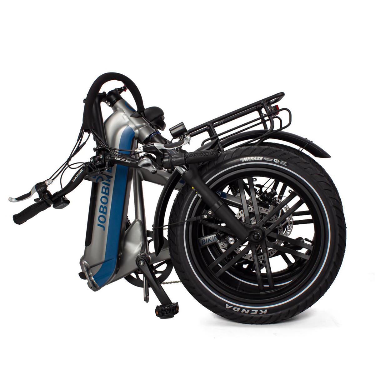 Złożony szary rower elektryczny JOBOBIKE z niebieskimi akcentami, odizolowany na białym tle.
