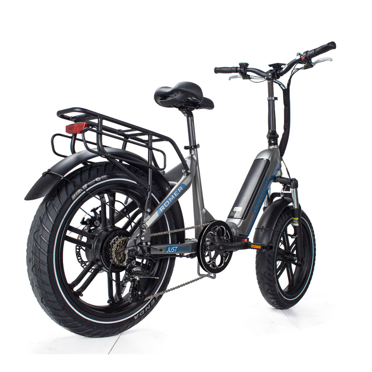 Szary rower elektryczny JOBOBIKE z czarnym bagażnikiem, oponami i siedzeniem.