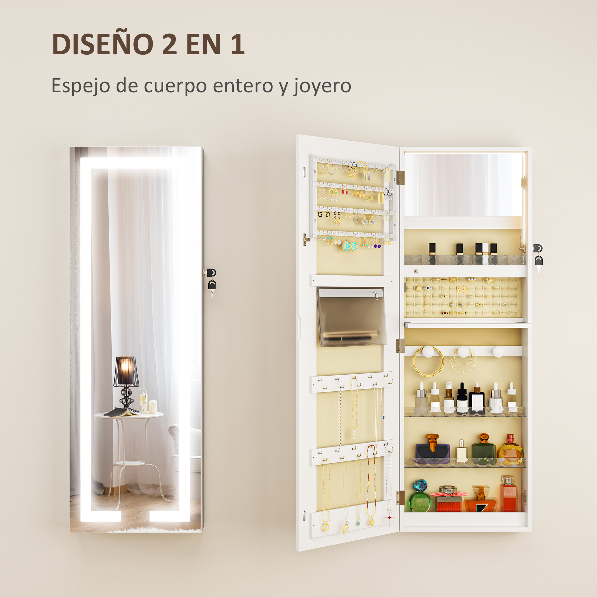 Un espejo alto con almacenamiento de joyas integrado, puerta abierta, revelando joyas.