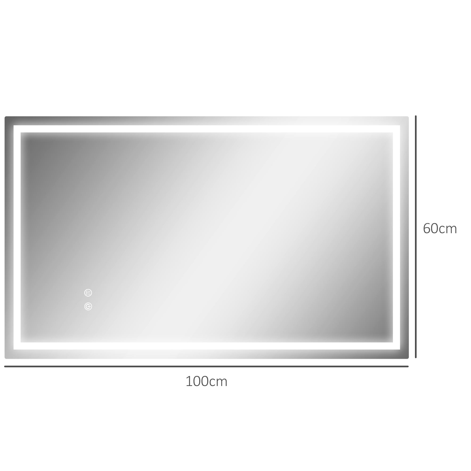 Un espejo rectangular con dimensiones en cm, con botones de control y marco iluminado.