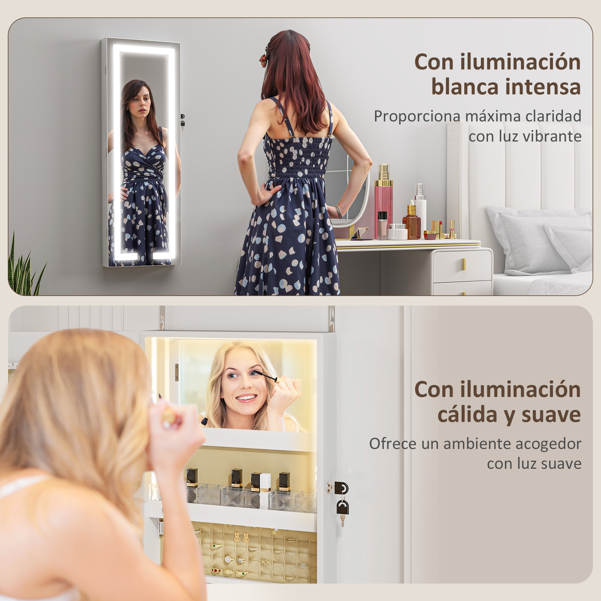 Una mujer con un vestido se mira en un espejo iluminado y se maquilla en un tocador.
