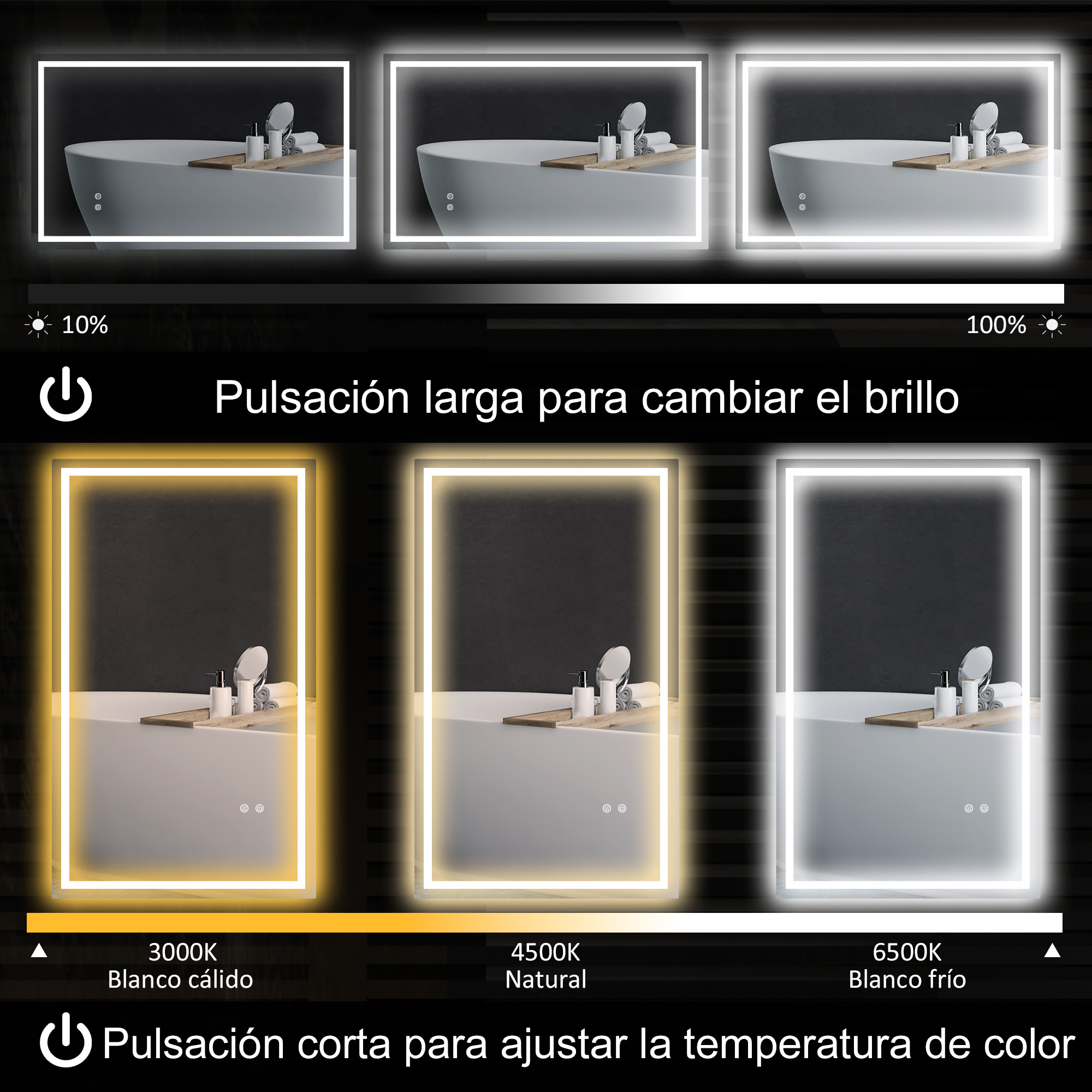 Tres espejos con diferentes temperaturas de color, con una bañera en el fondo.