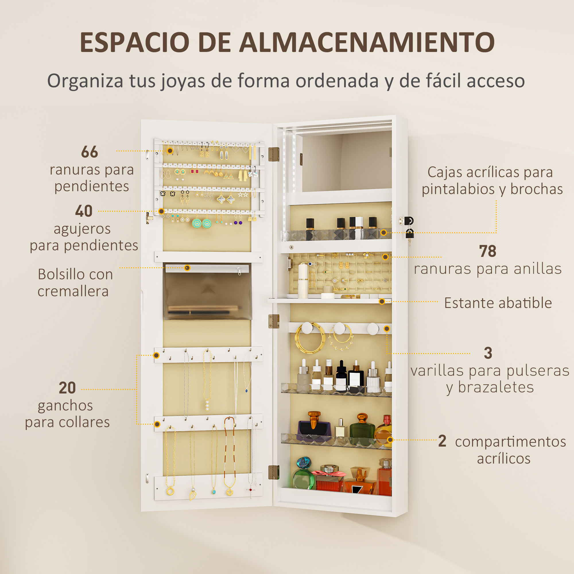 Armario de joyería abierto que muestra los diferentes compartimentos y las joyas en su interior.
