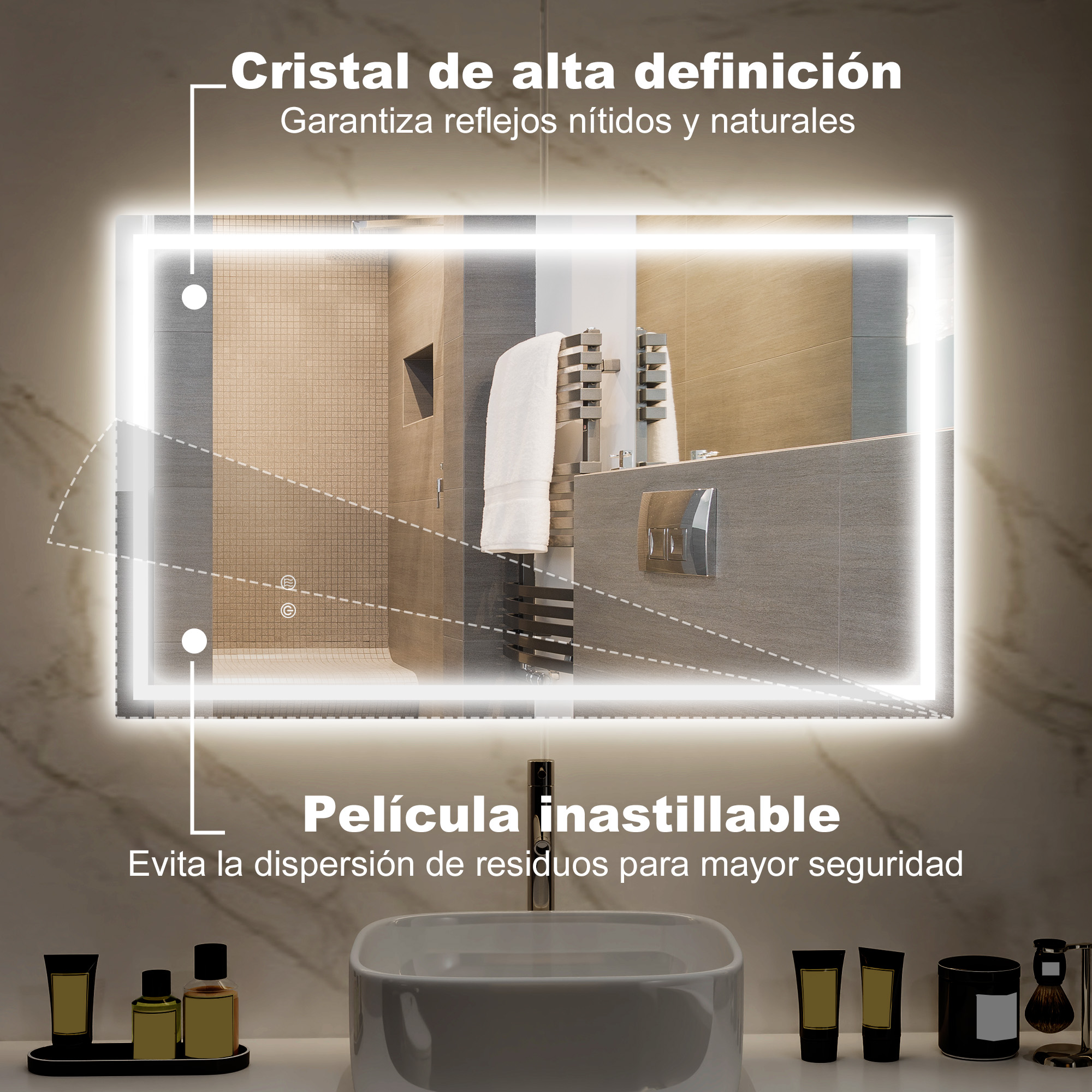 Espejo iluminado en un baño, con un lavabo blanco y varios productos de belleza.