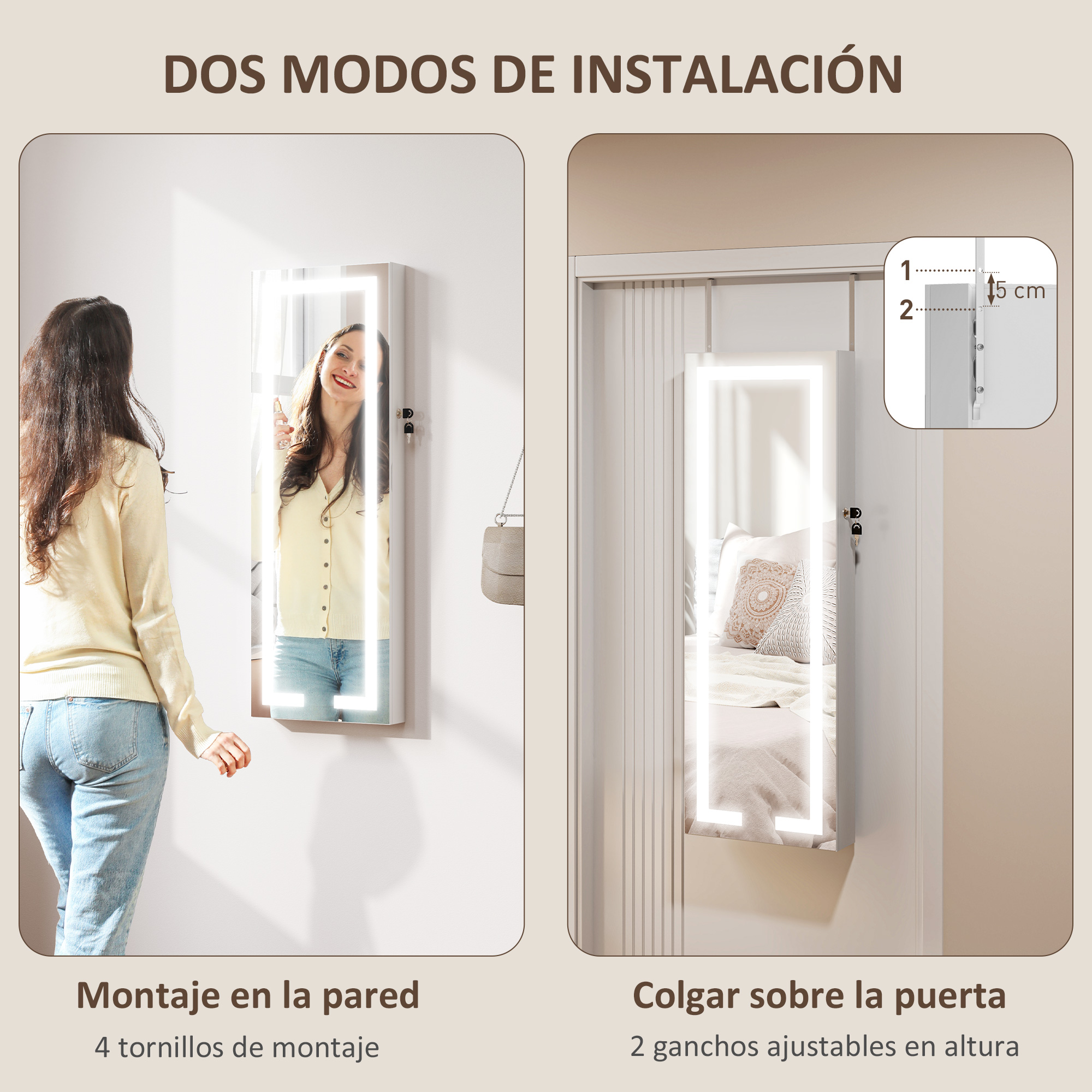 Dos modos de instalación, montaje en pared y sobre la puerta, con dos mujeres y un espejo.