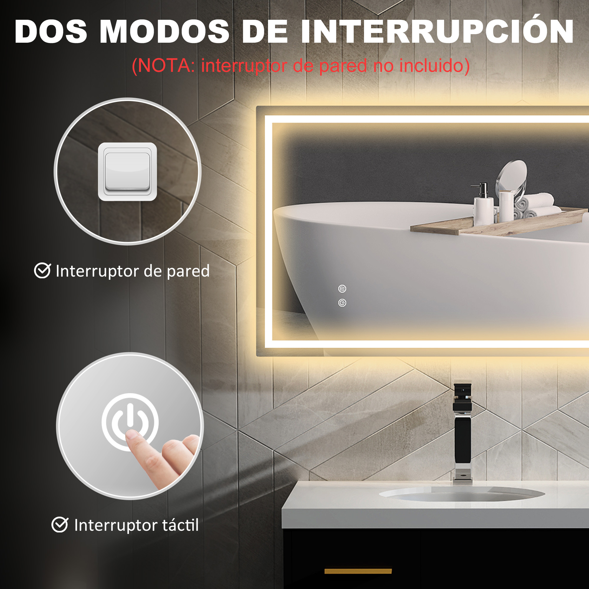 Espejo de baño con opciones de control táctil e interruptor de pared, sobre un tocador negro.