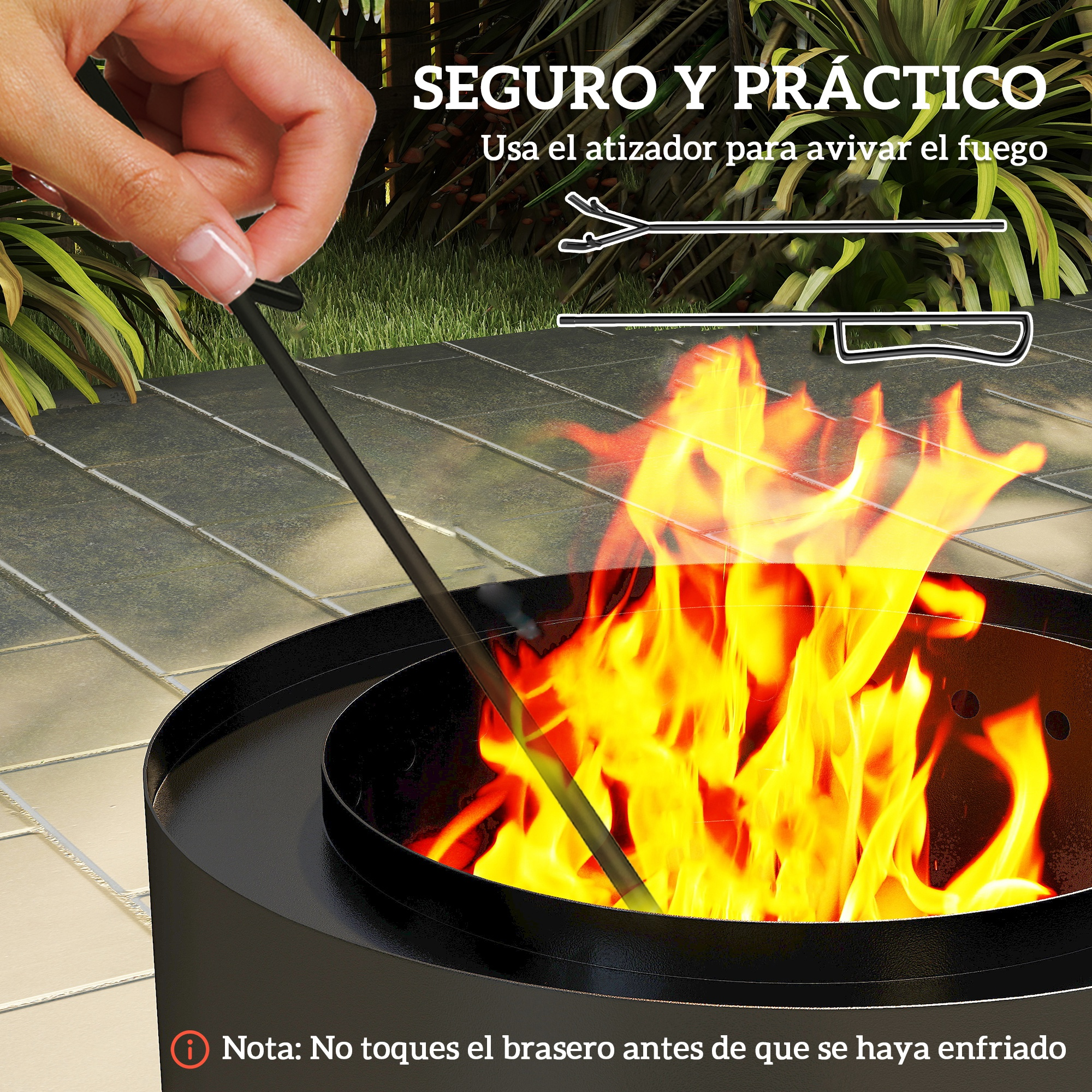 Primer plano de las llamas en un brasero negro, con una mano sujetando una herramienta de atizador. El texto dice "Seguro y práctico".
