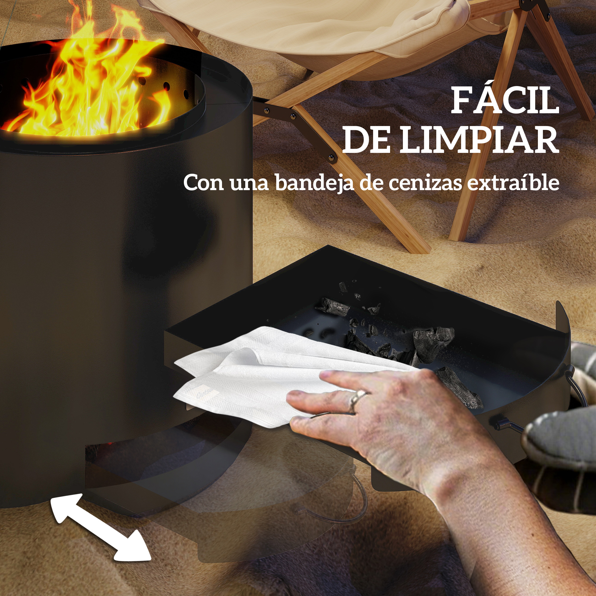 Una persona limpiando una fogata con una bandeja de cenizas extraíble.