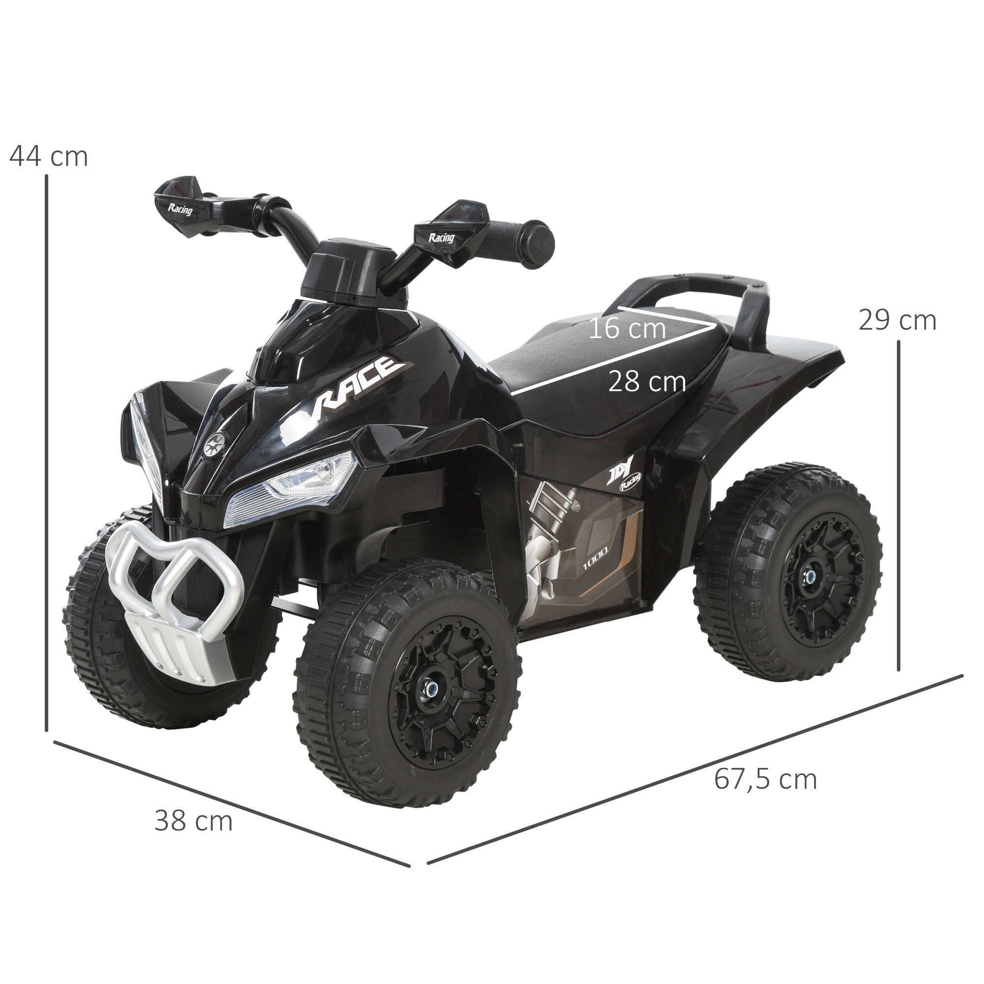 Juguete ATV negro con dimensiones. Tiene un cuerpo negro con detalles plateados.