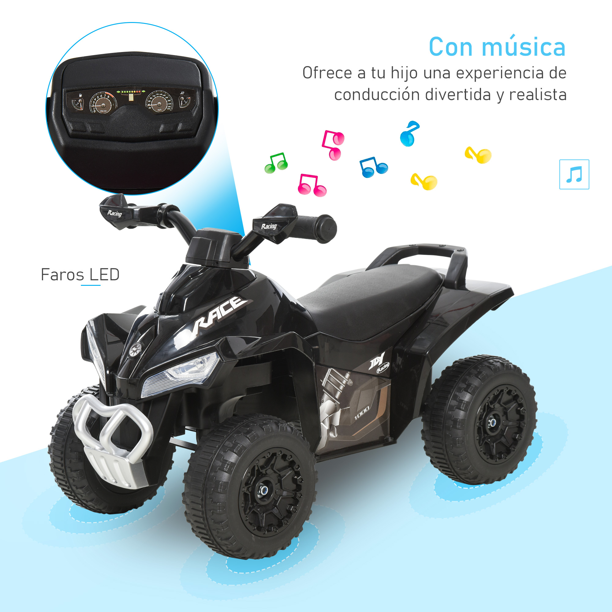 Un juguete ATV negro con luces LED y un panel de control, con notas musicales.