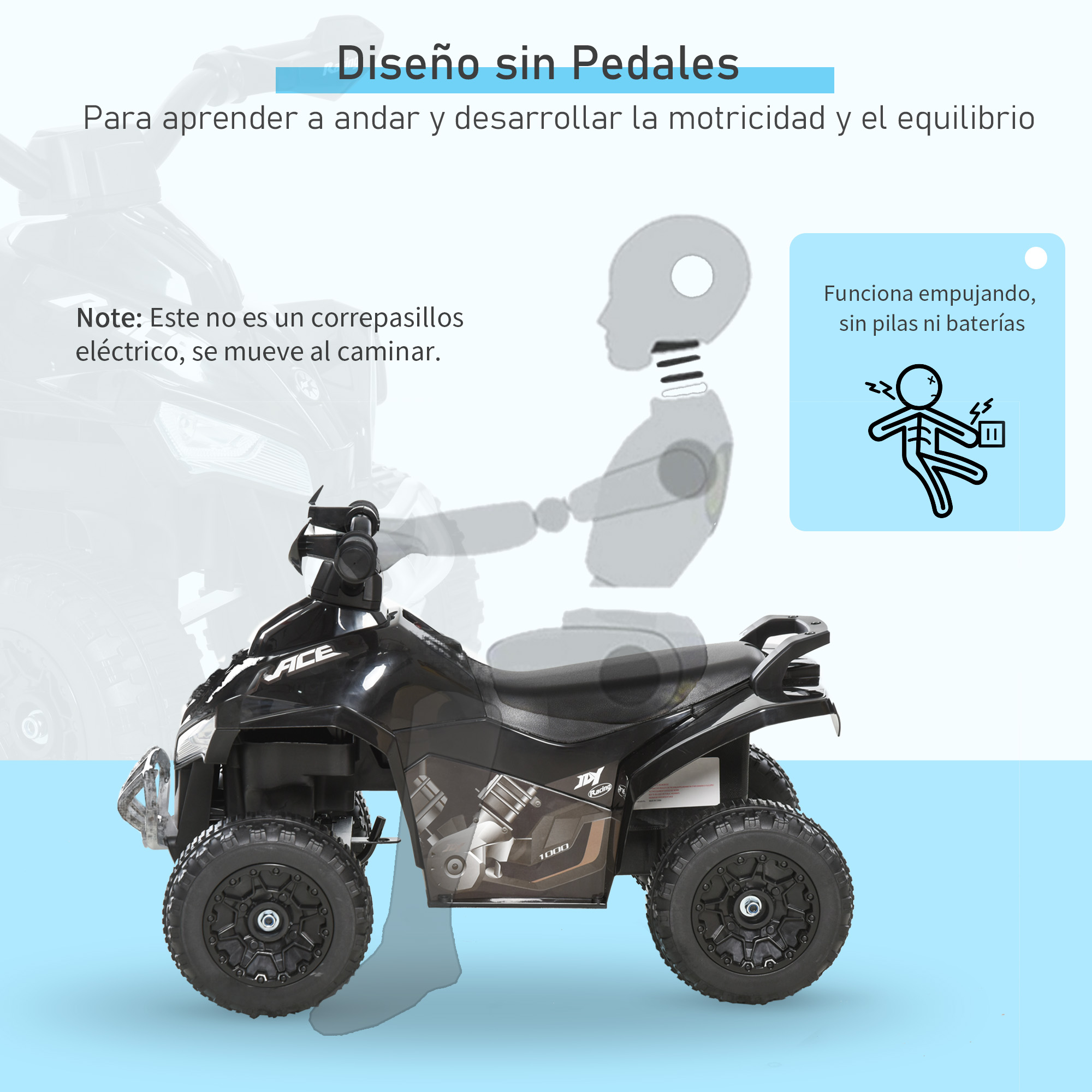 Un coche de juguete negro de cuatro ruedas motrices con asiento, que muestra un diseño sin pedales.