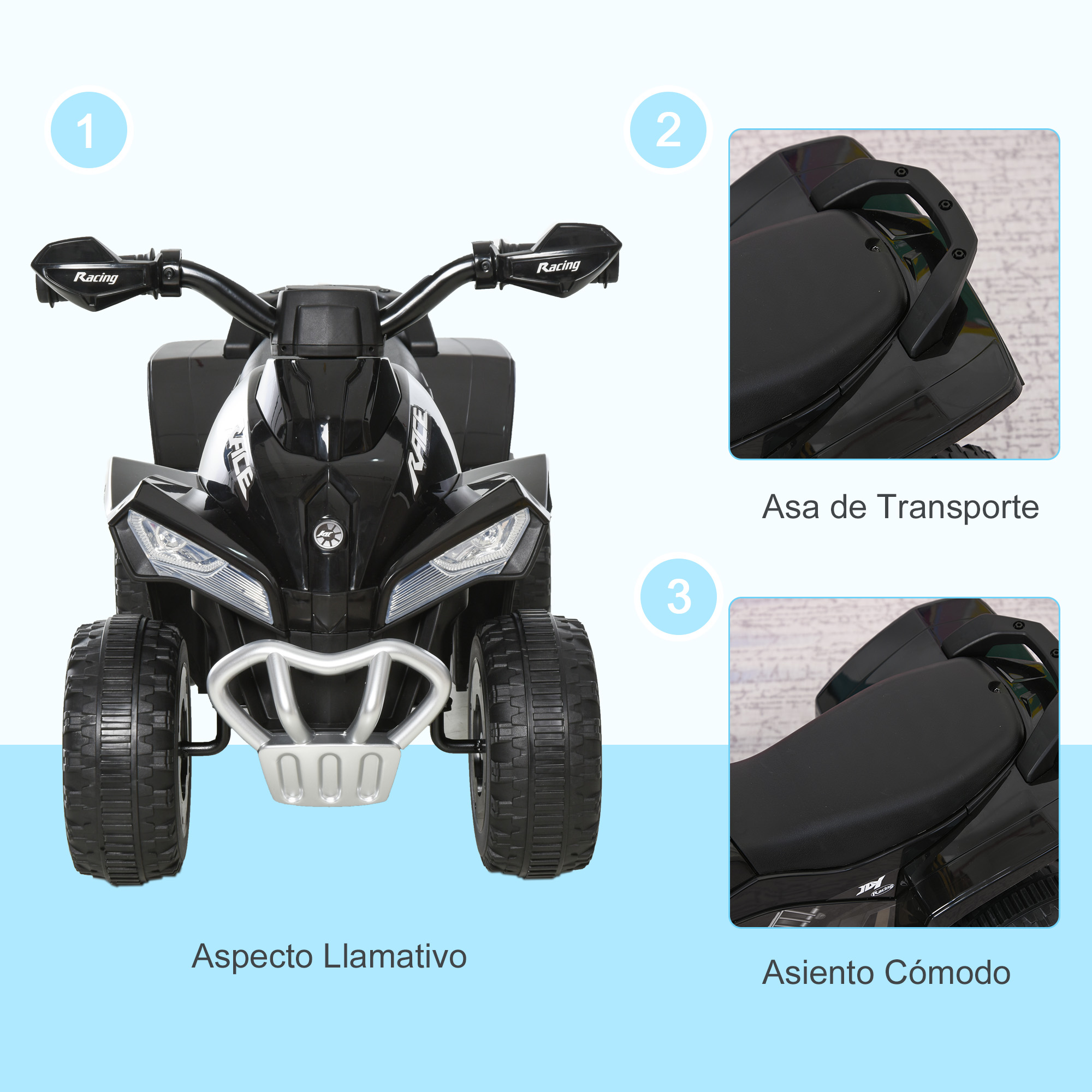 Un juguete ATV negro con primer plano de sus piezas.