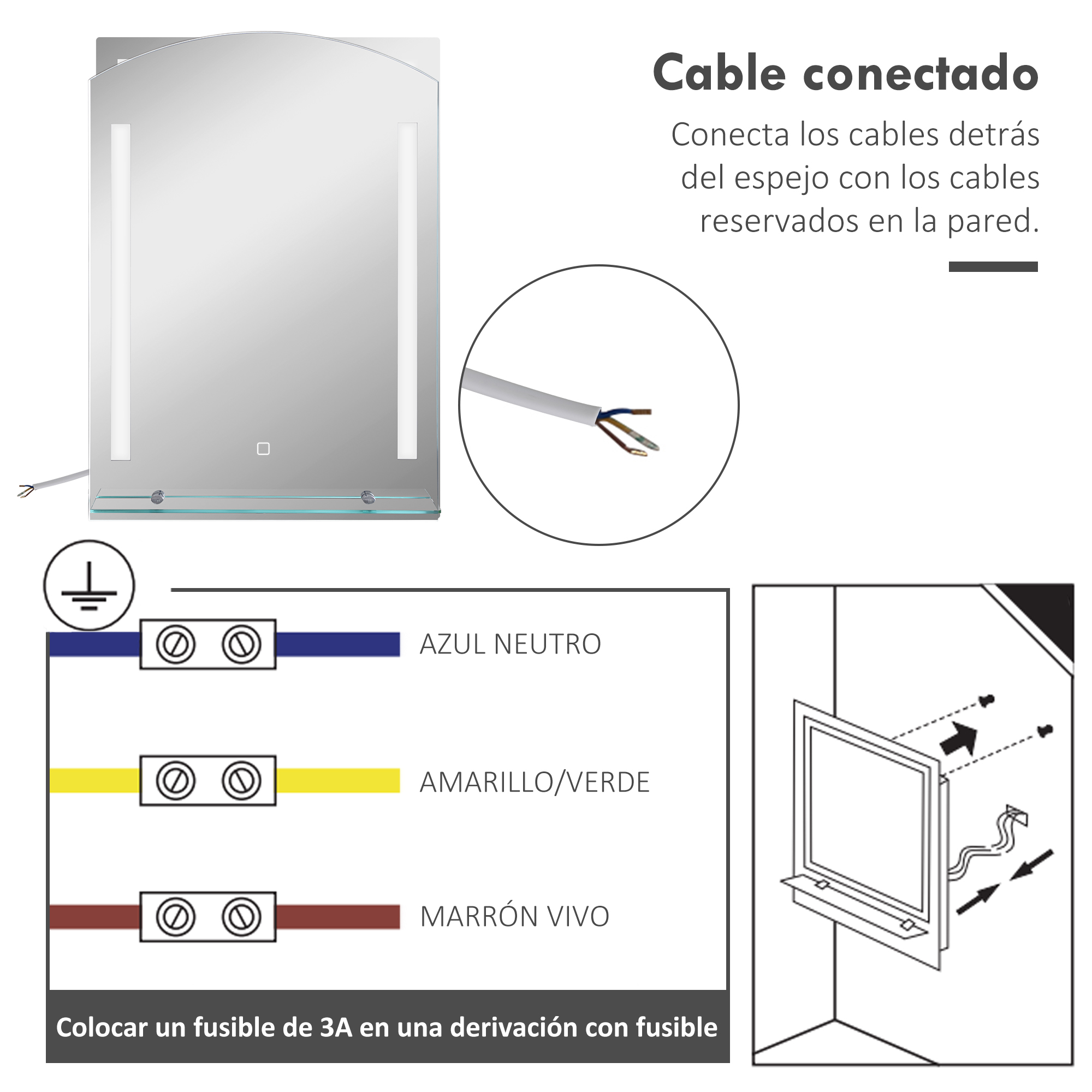 Diagrama de una configuración de cableado de espejo con cables azules, amarillos/verdes y marrones, etiquetado como "Cable conectado".