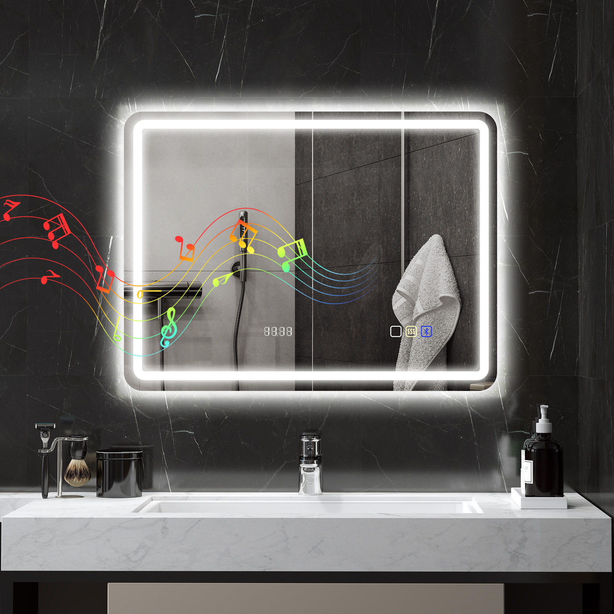 Espejo iluminado con notas musicales y controles táctiles sobre un lavabo blanco y una encimera de mármol.