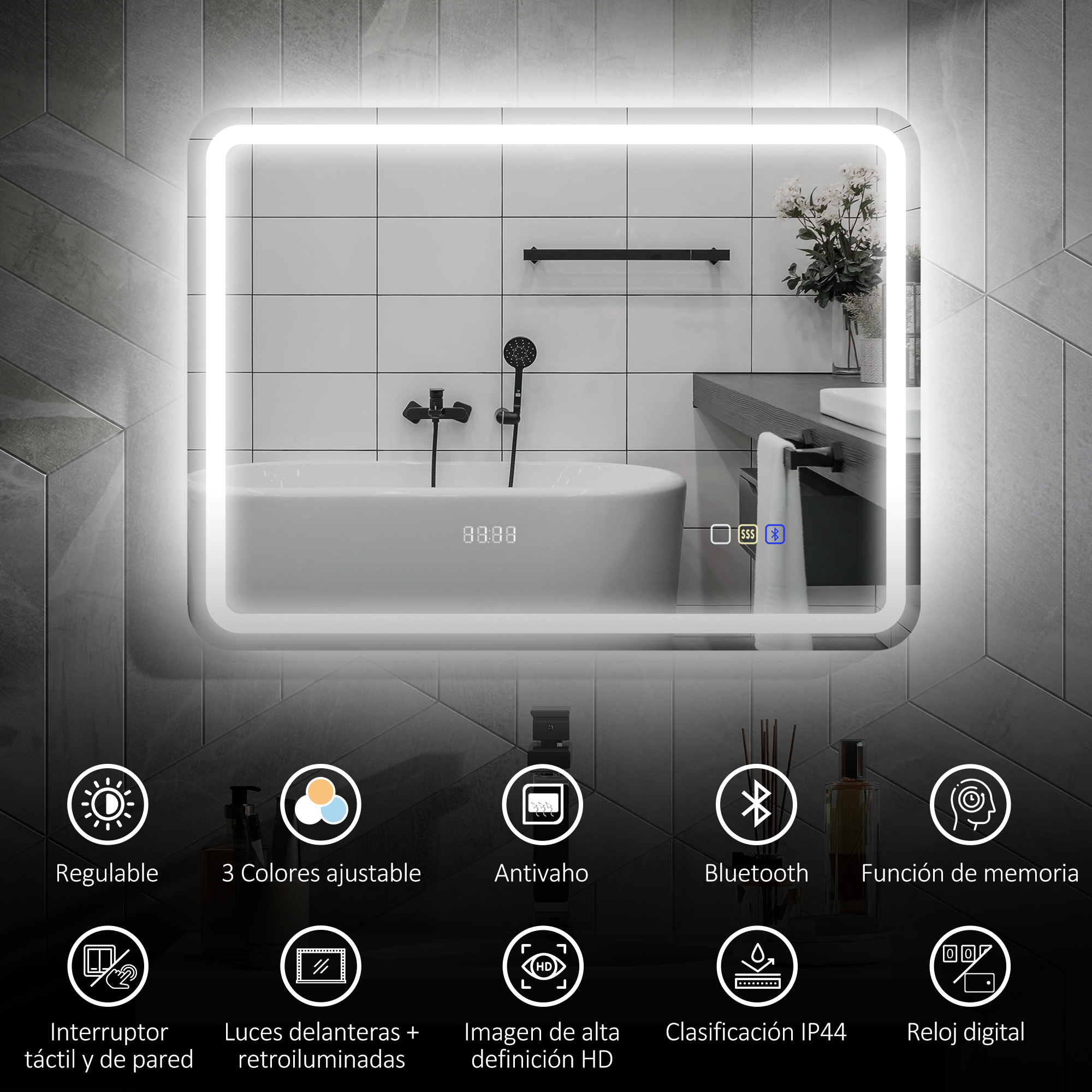 Un espejo de baño iluminado con varias funciones.
