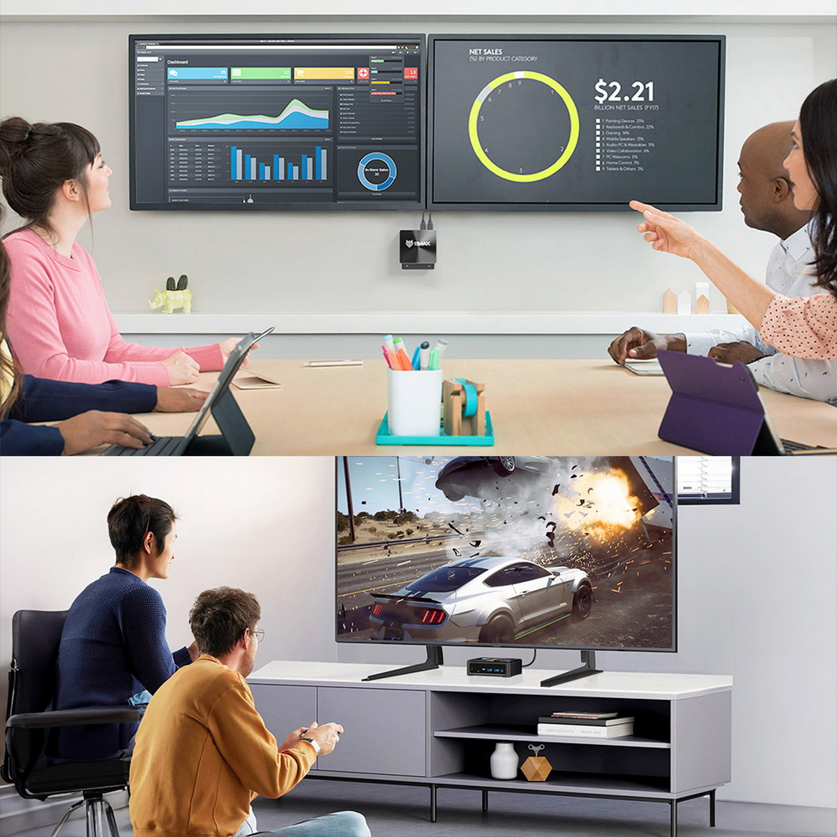 Dwa ekrany w sali konferencyjnej i kolejna konfiguracja w salonie, pokazujące różne zastosowania urządzenia.