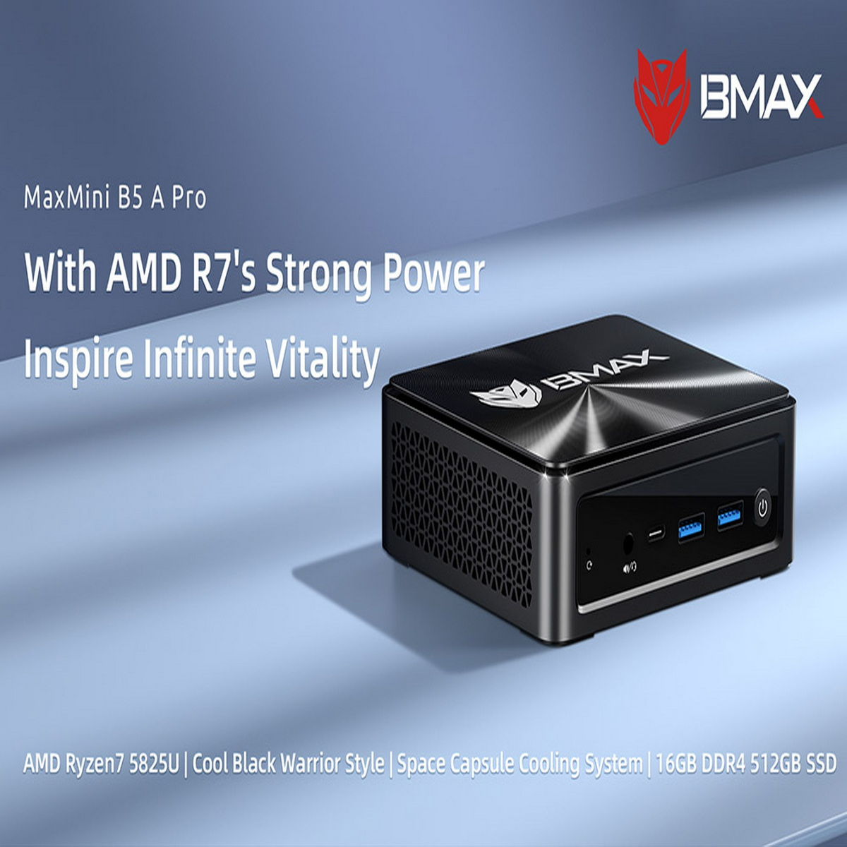 Czarny komputer BMAX MaxMini. Tekst: AMD R7, Inspiring Vitality. Ciemnoniebieskie tło z logo BMAX.