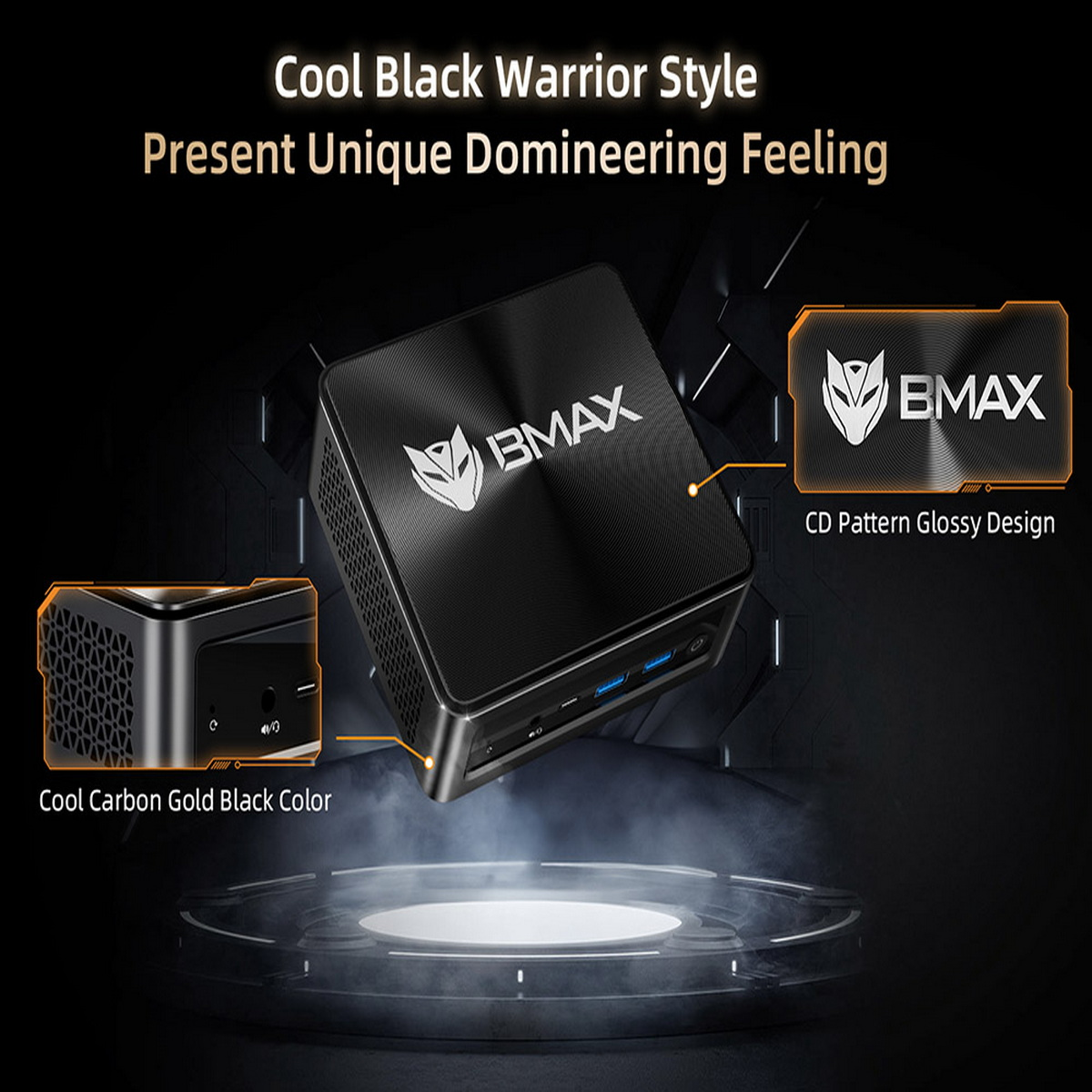 Czarny komputer BMAX z wzorem CD. Kolor Cool Carbon Black. Logo i tekst.