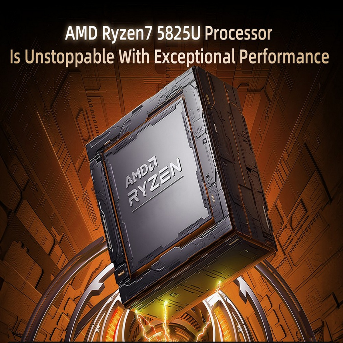 Obraz procesora AMD Ryzen7 5825U z tekstem „Procesor AMD Ryzen7 5825U jest niepowstrzymany dzięki wyjątkowej wydajności”.