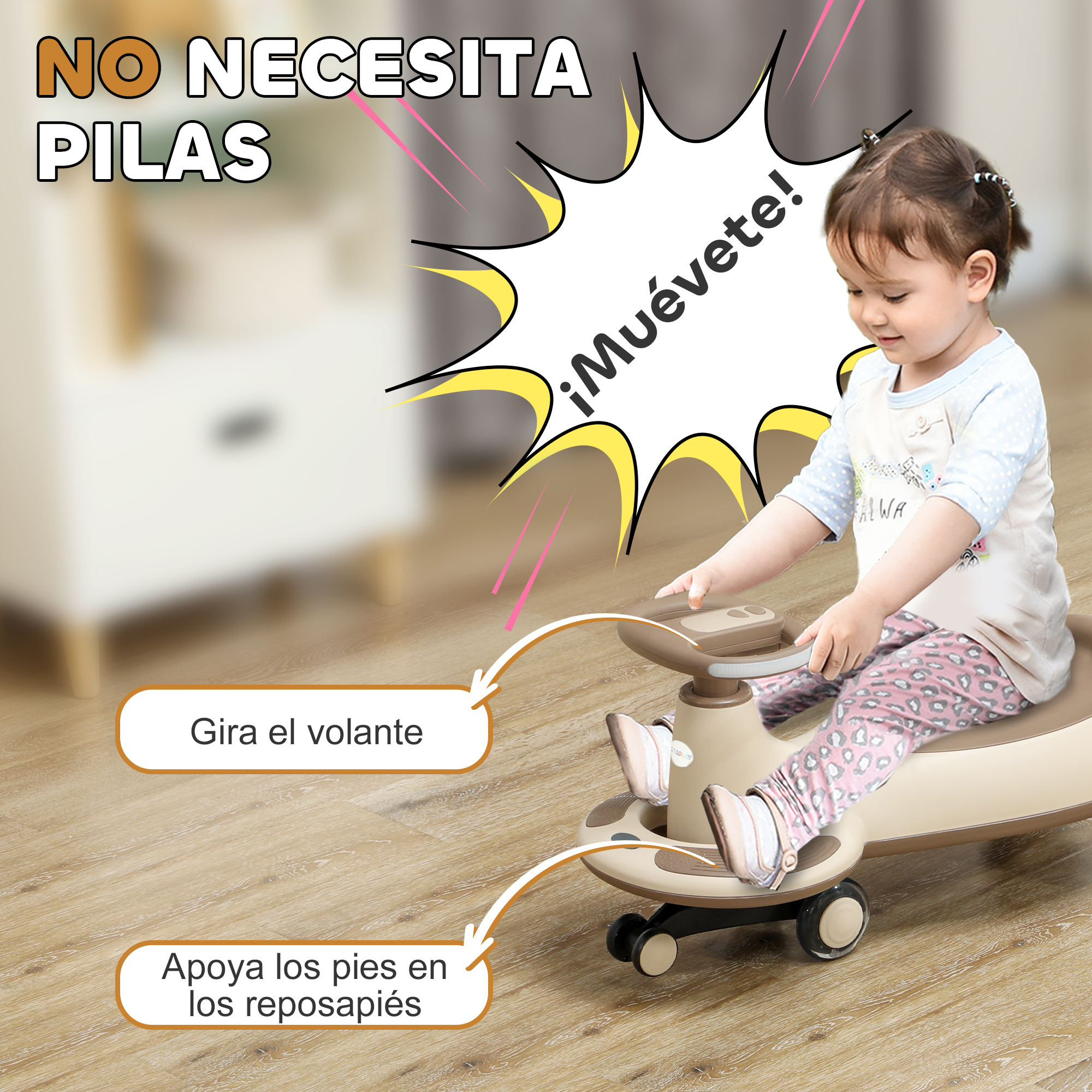Un niño pequeño con leggings estampados monta un juguete beige para montar en interiores, con un texto que enfatiza que no necesita pilas.