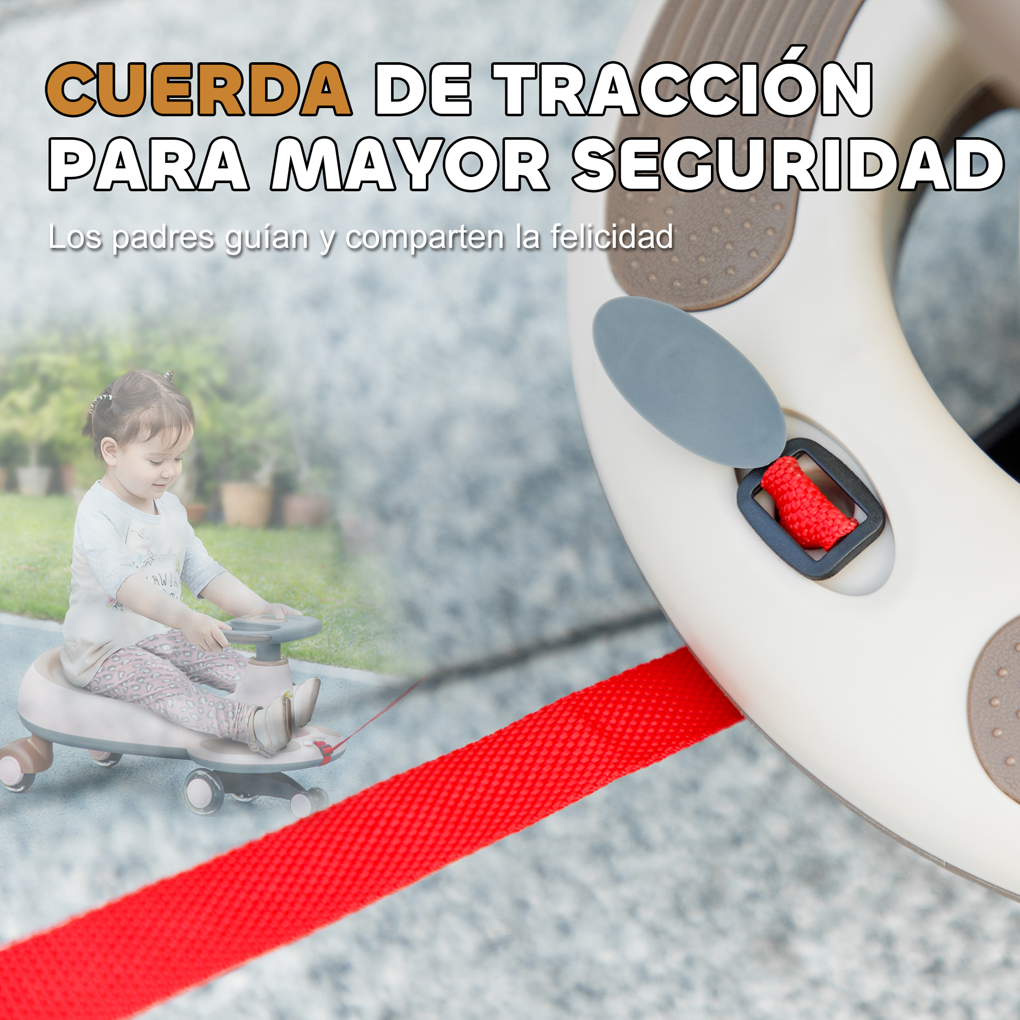 Un niño montando un juguete, con un cordón rojo atado a un anillo del juguete.