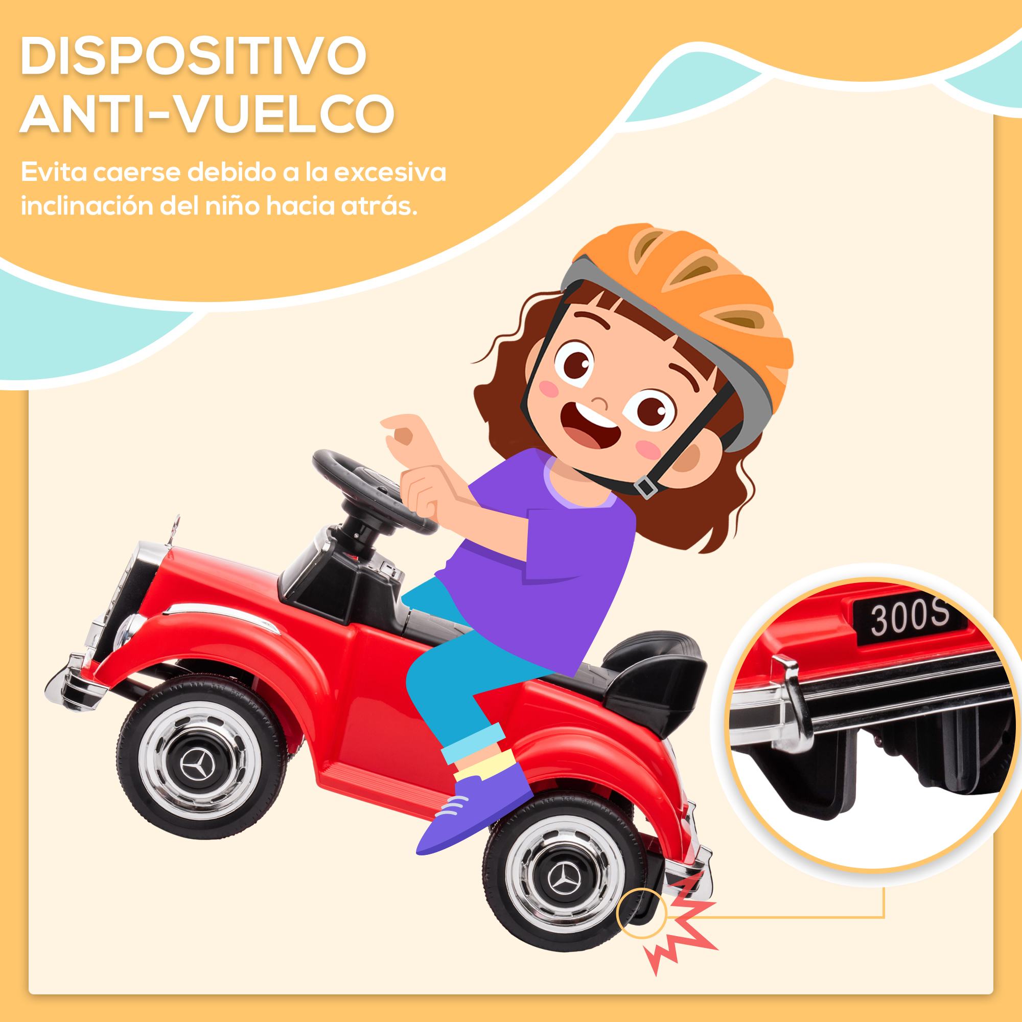 Una niña de dibujos animados en un coche de juguete rojo con casco, que representa un dispositivo antivuelco para la seguridad infantil.