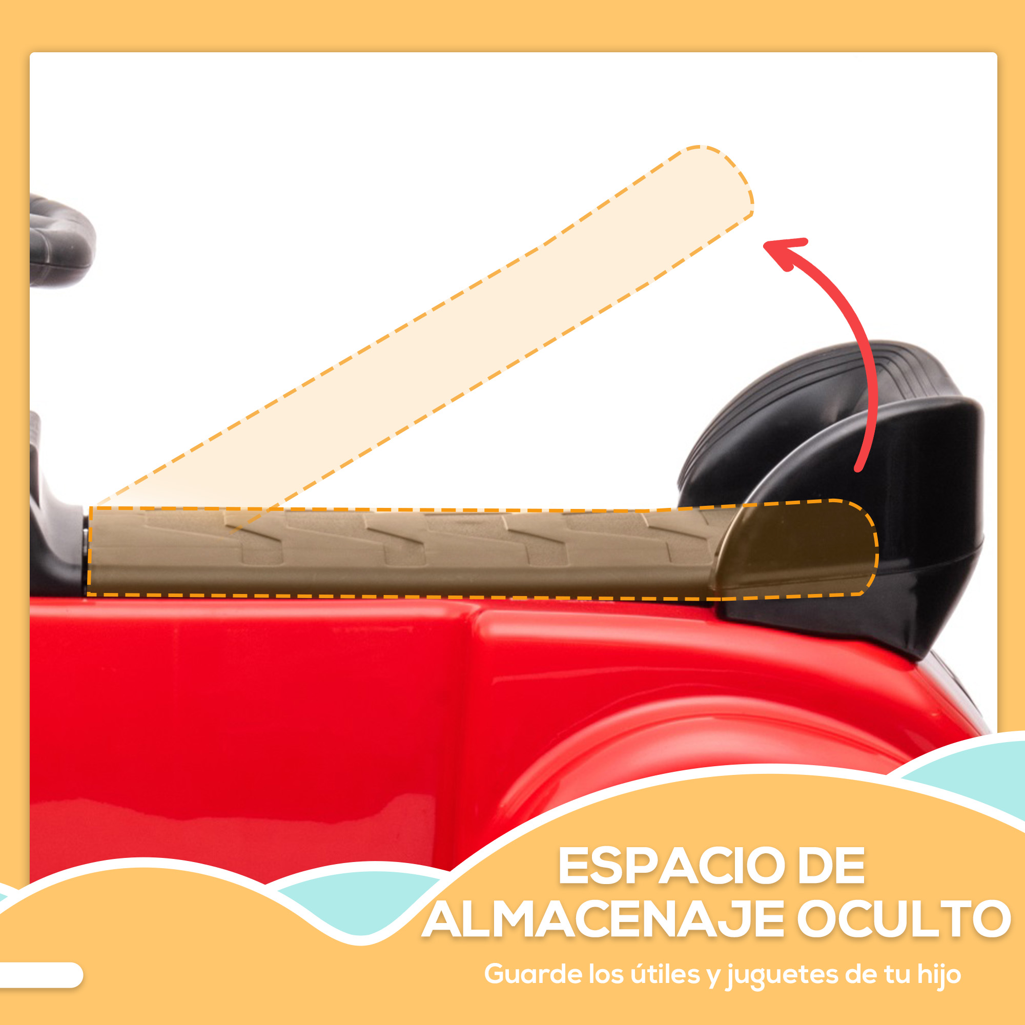 Coche de juguete rojo con asiento abatible que revela espacio de almacenamiento, mostrado con una flecha que indica el movimiento.