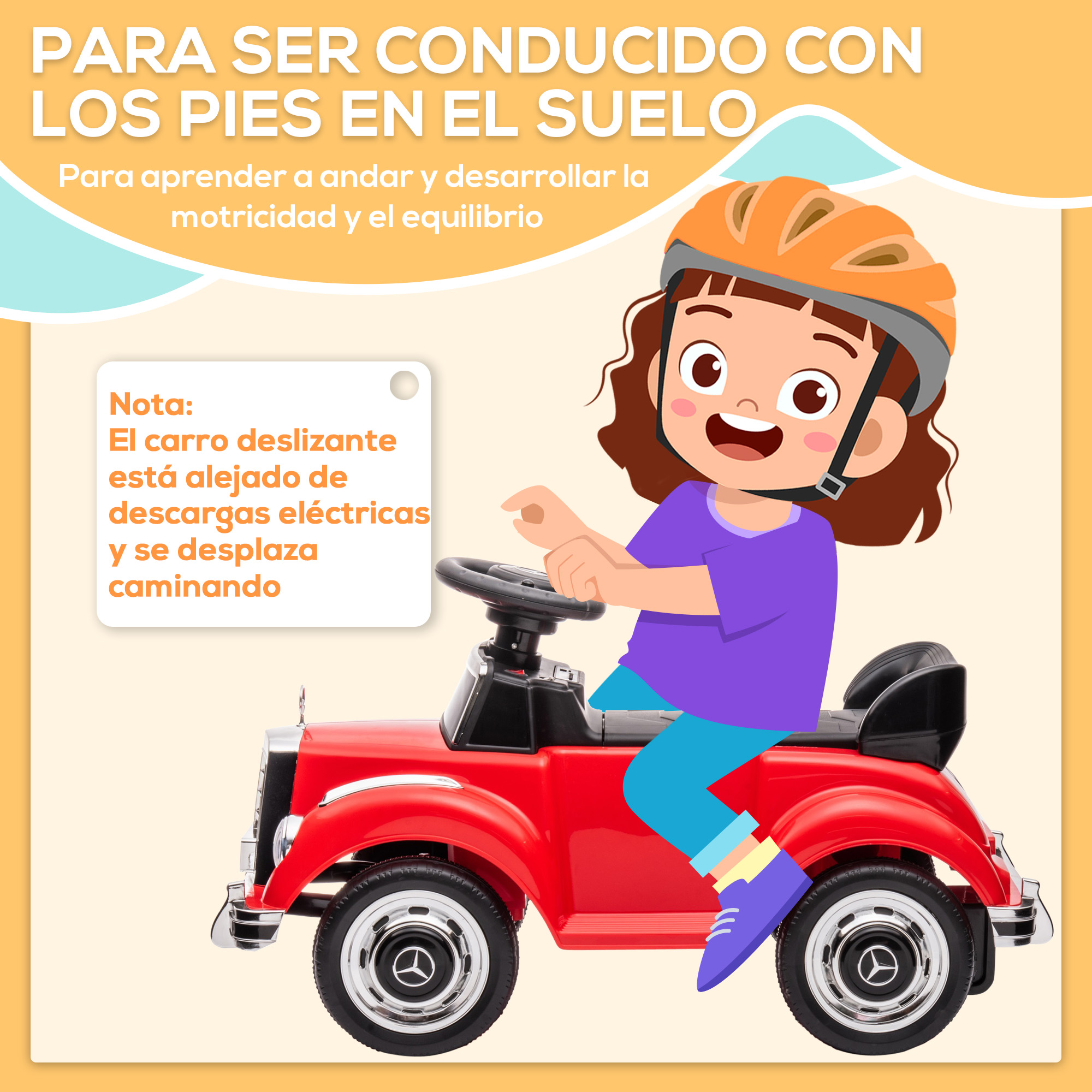 Un niño con casco en un coche de juguete rojo.