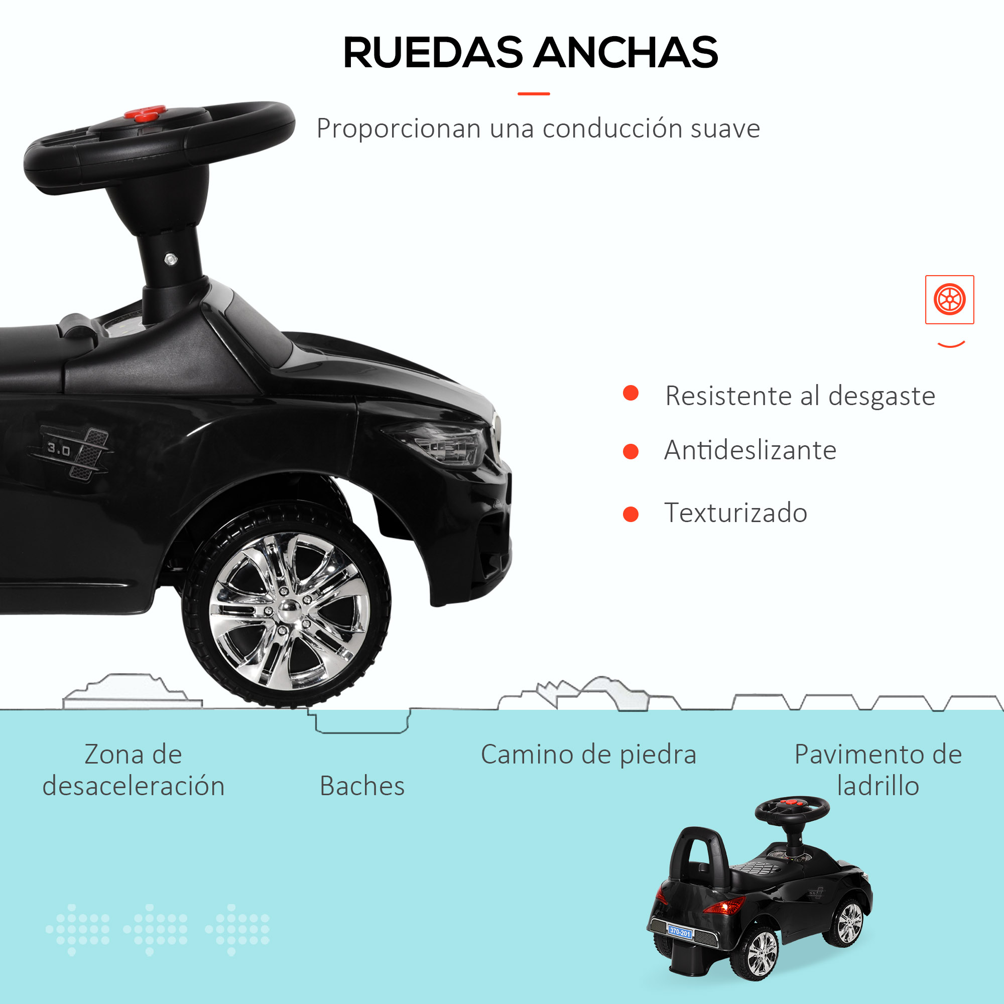 Un coche de juguete negro con ruedas anchas, destacando características como resistencia al desgaste, antideslizante y neumáticos texturizados.