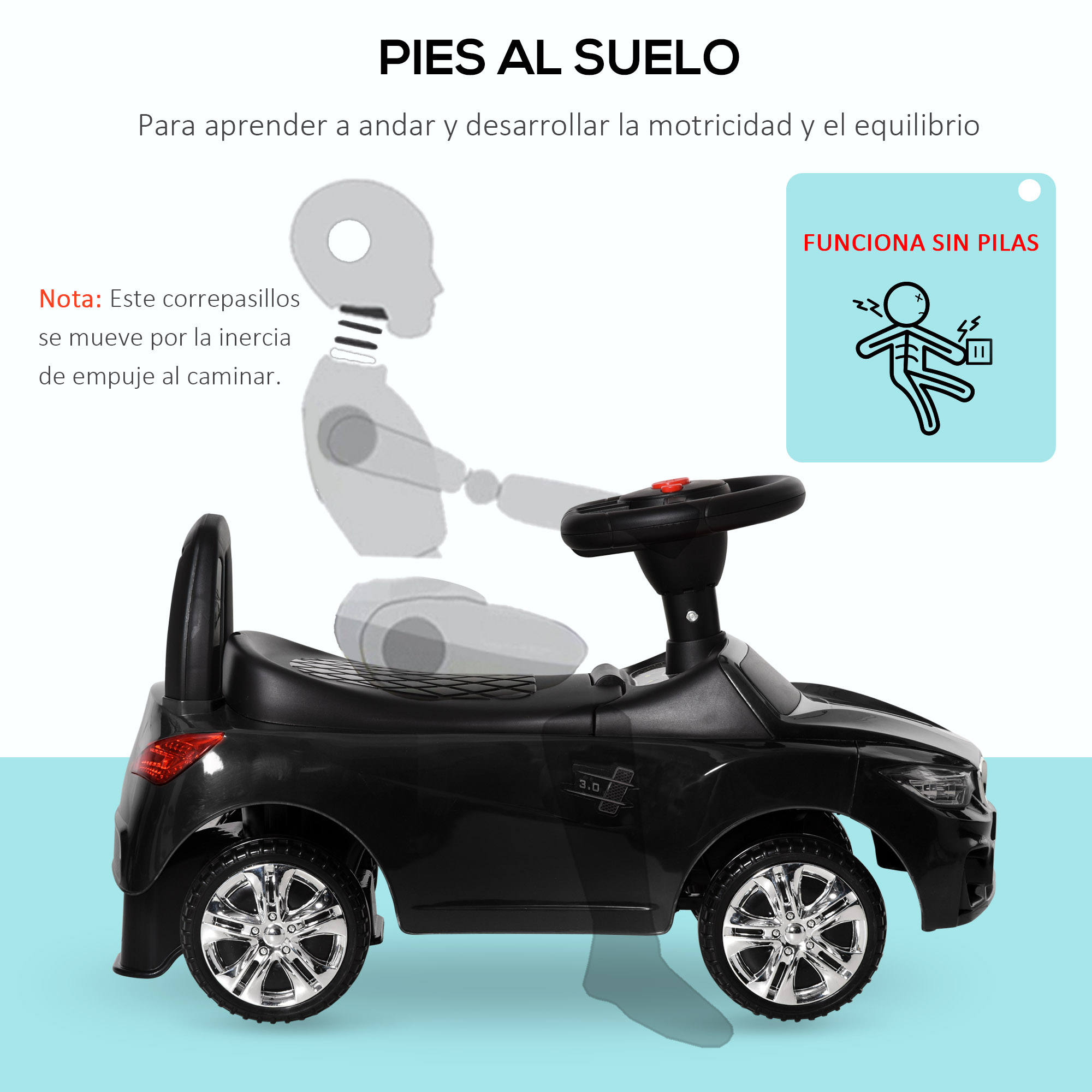 Un coche de juguete negro con ruedas cromadas, que ilustra el concepto de movimiento accionado por los pies sin necesidad de baterías.