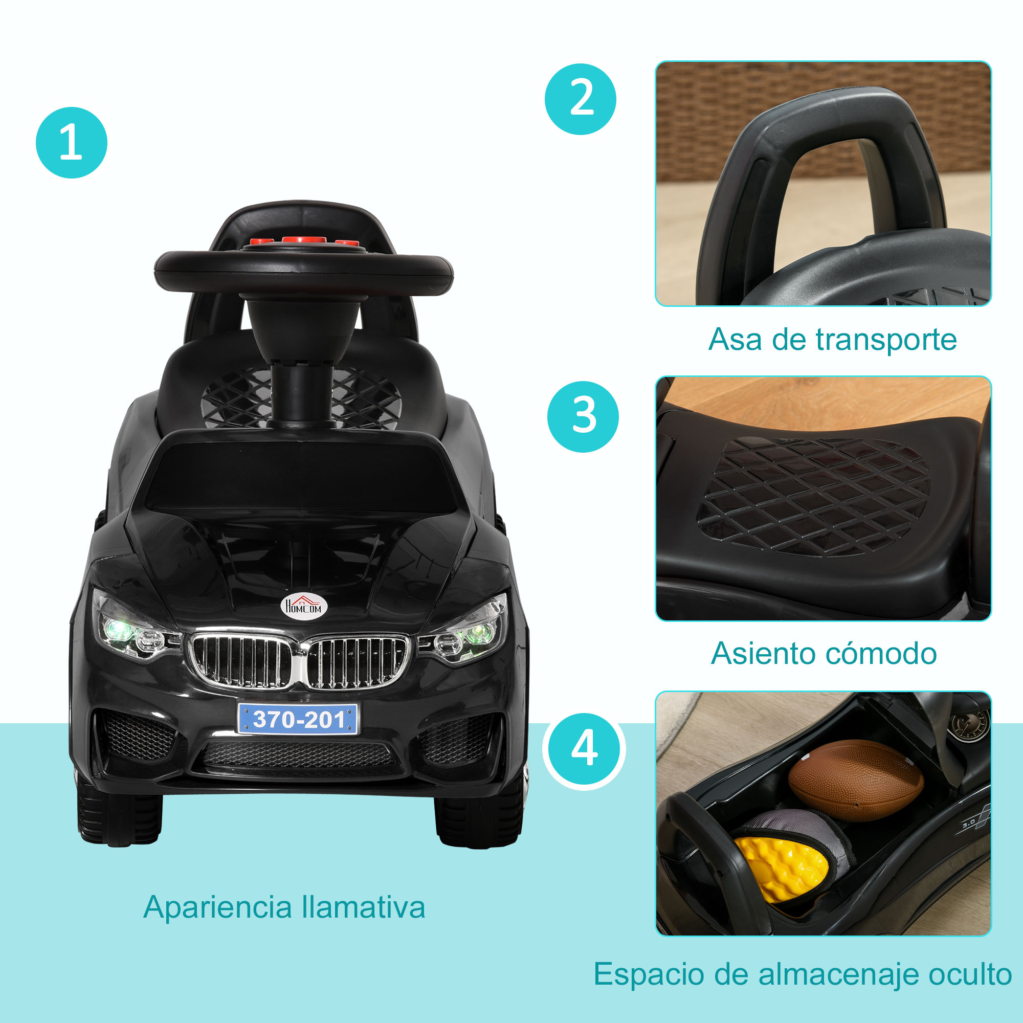 Un coche de juguete negro que muestra detalles delanteros e interiores. Con asa y espacio de almacenamiento.
