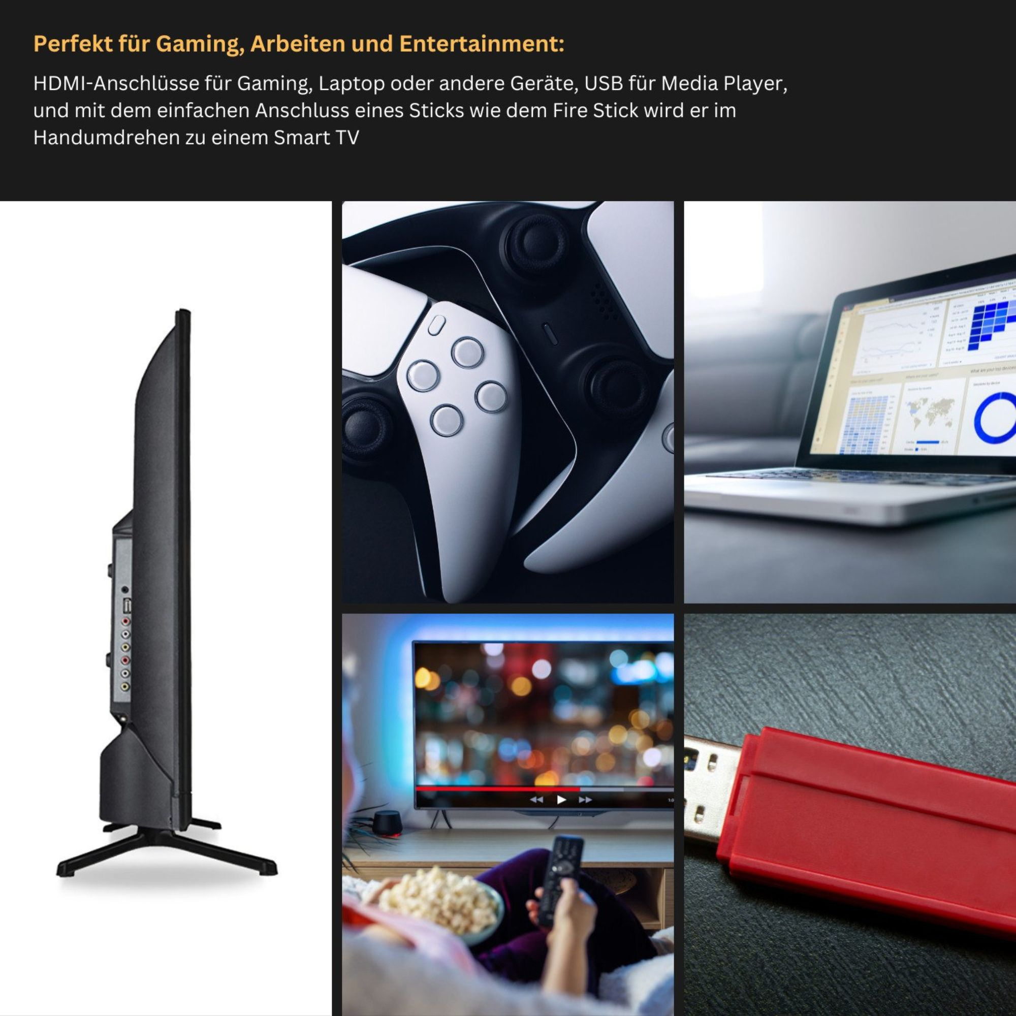 Mehrere Bilder eines schwarzen Fernsehbildschirms, Gamecontrollern und einem USB-Stick.