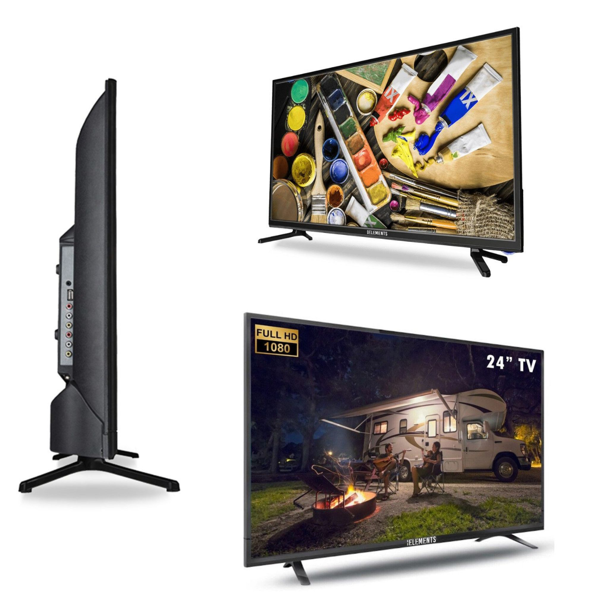 Drei Ansichten eines 24-Zoll-Fernsehers: Seitenprofil, Vorderseite mit Kunst und Vorderseite mit einer Camperszene.