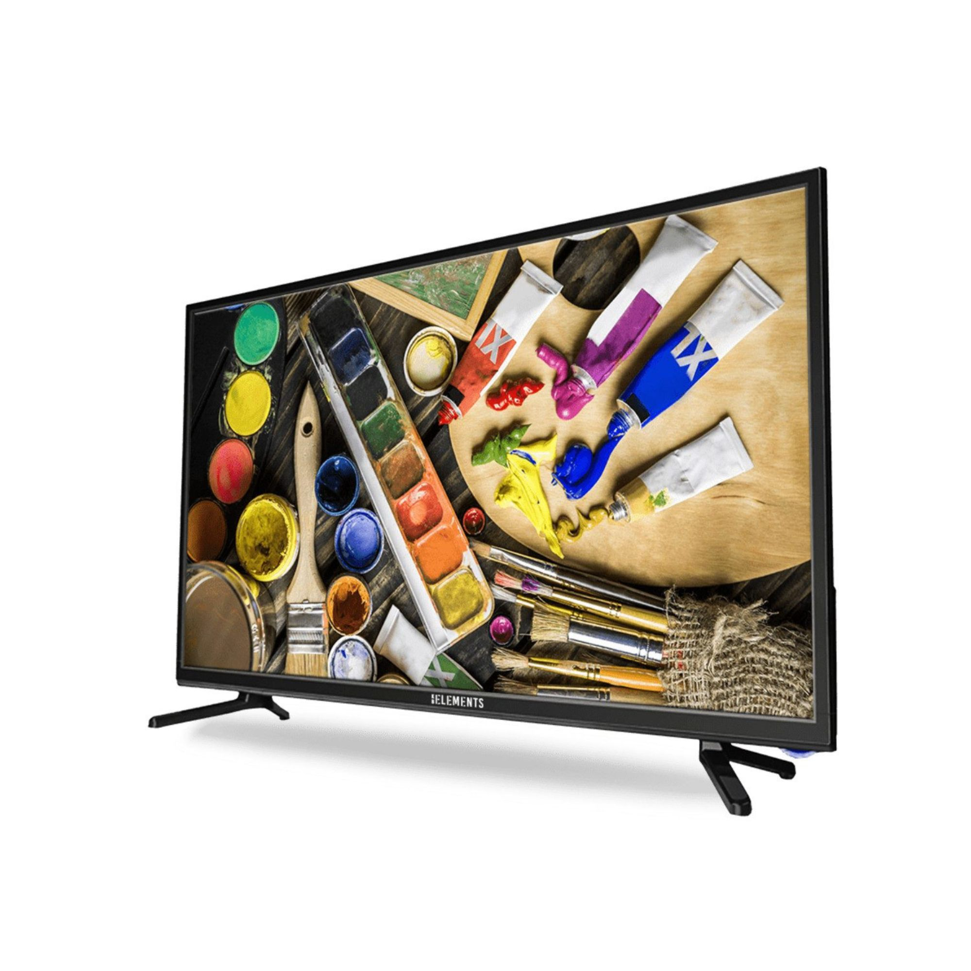 Ein Fernsehbildschirm, der ein farbenfrohes Bild zeigt. Verschiedene Kunstmaterialien sind angeordnet.