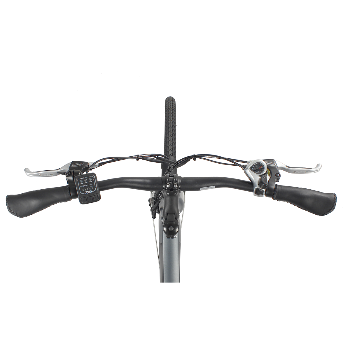 Kierownica roweru z góry. Czarne uchwyty, wyświetlacz i kable są widoczne.