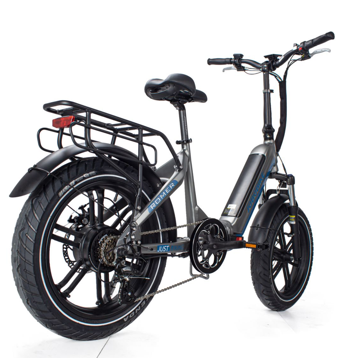 Szary Jobobike, czarne opony, bagażnik tylny, widok pod kątem na białym tle.