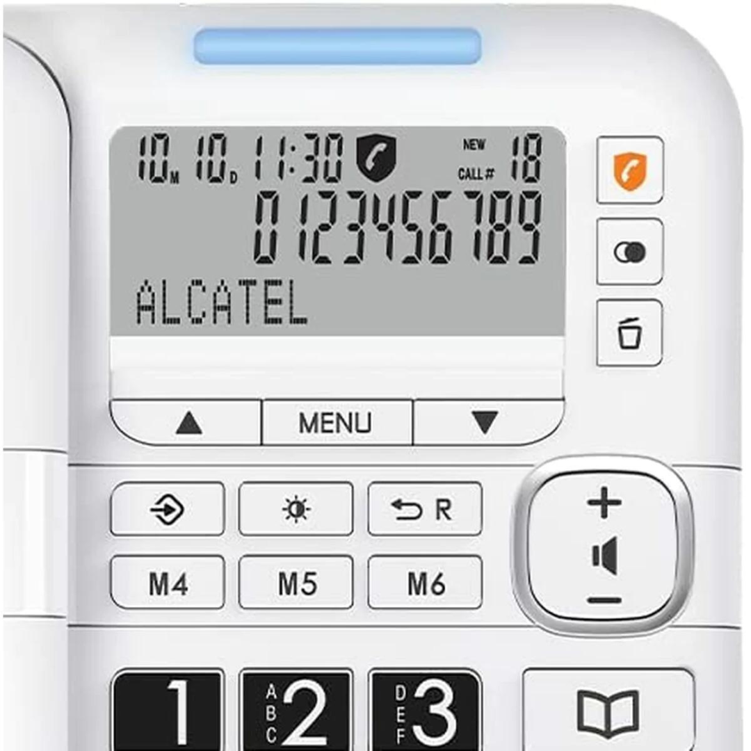 Close-up van een witte Alcatel-telefoon met een scherm en nummerknoppen.
