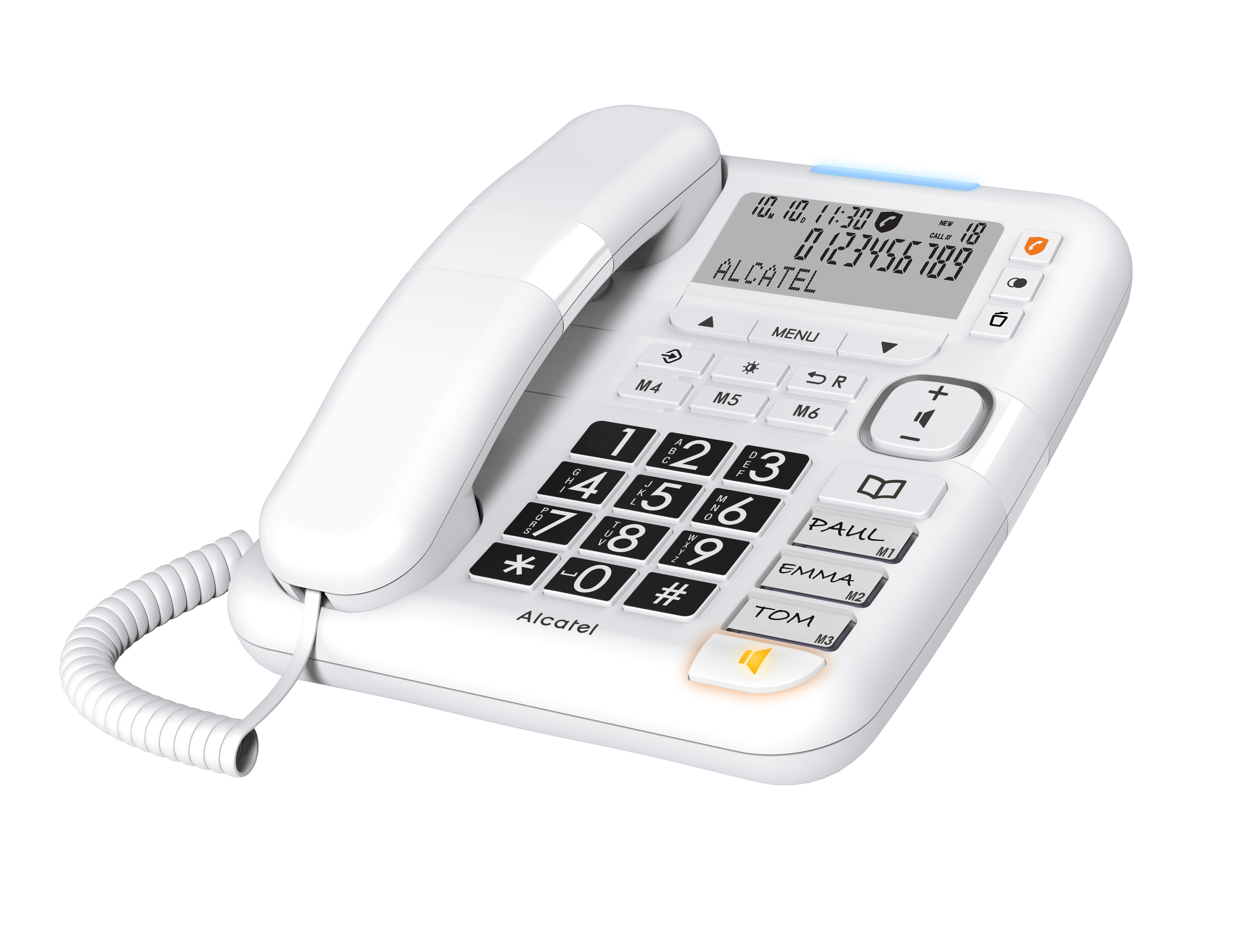 Een witte Alcatel-telefoon met een digitaal display, knoppen en een gekrulde handset op een wit oppervlak.