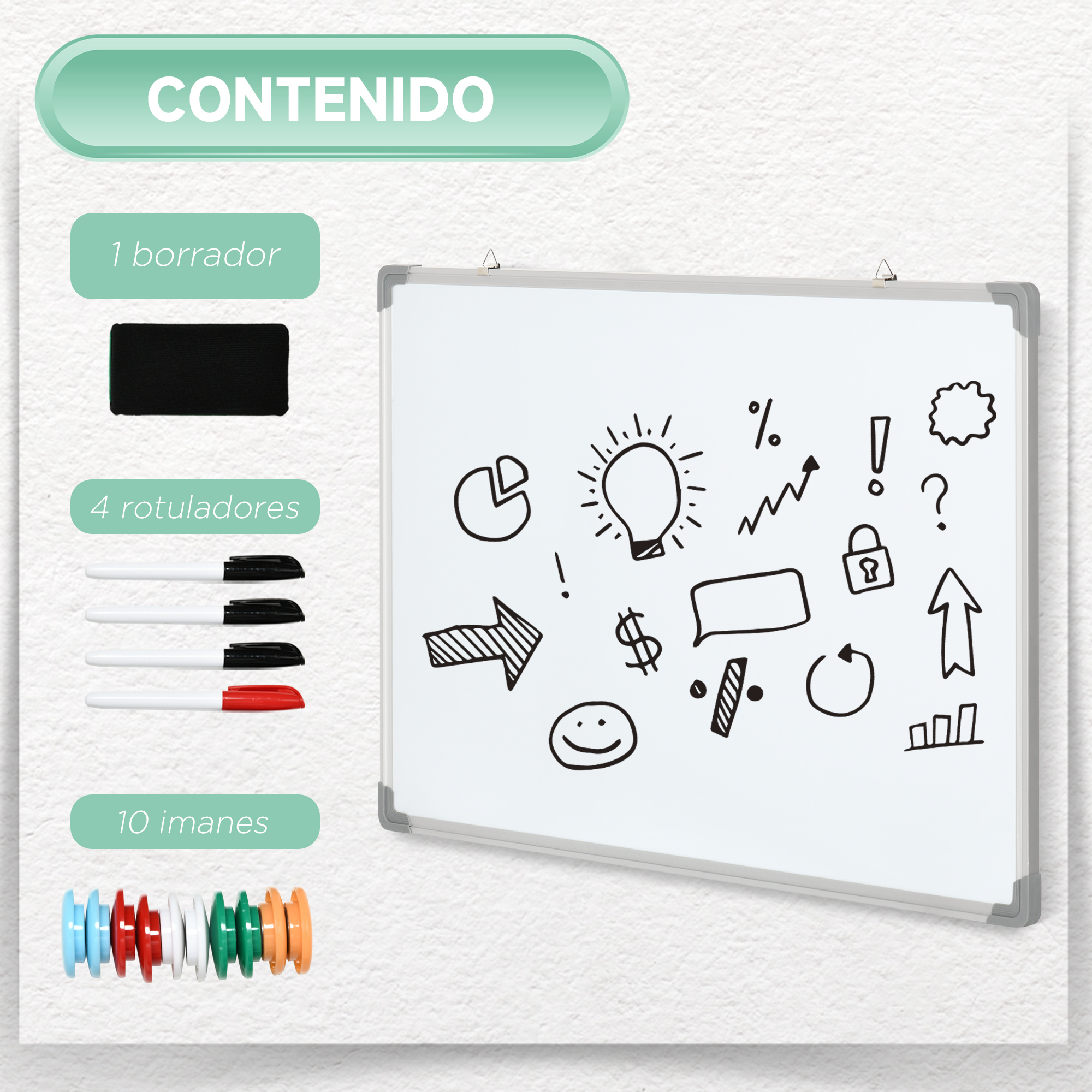 Pizarra con dibujos y rotuladores, incluyendo una goma de borrar negra, y 10 imanes de colores.