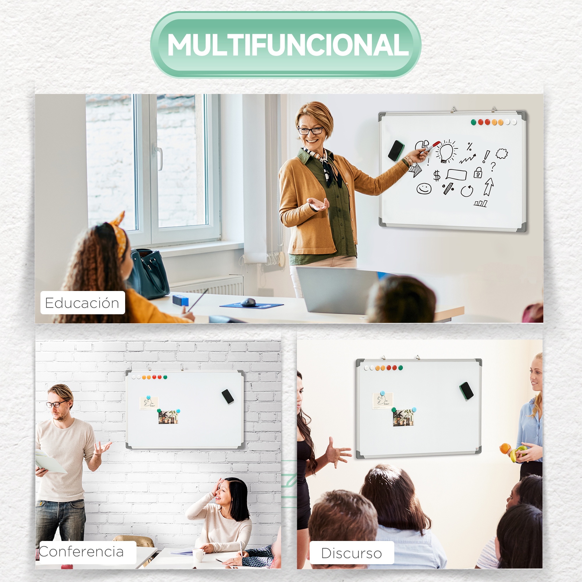 Múltiples escenas de personas usando pizarras para diferentes actividades.