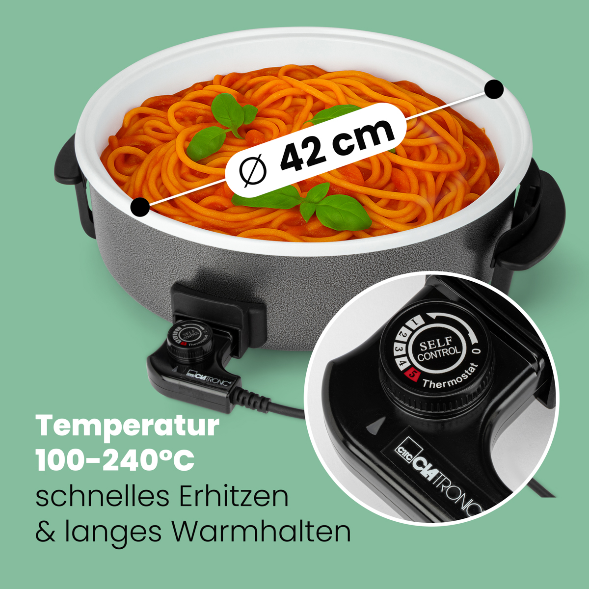 Elektryczny garnek do gotowania ze spaghetti. Pokazuje średnicę i ustawienia kontroli temperatury.