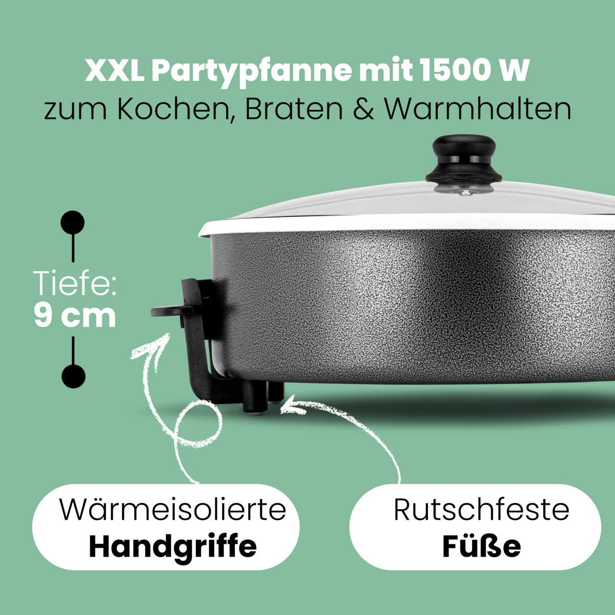 Zbliżenie elektrycznego garnka do gotowania z etykietami: uchwyty izolowane cieplnie, nóżki antypoślizgowe.