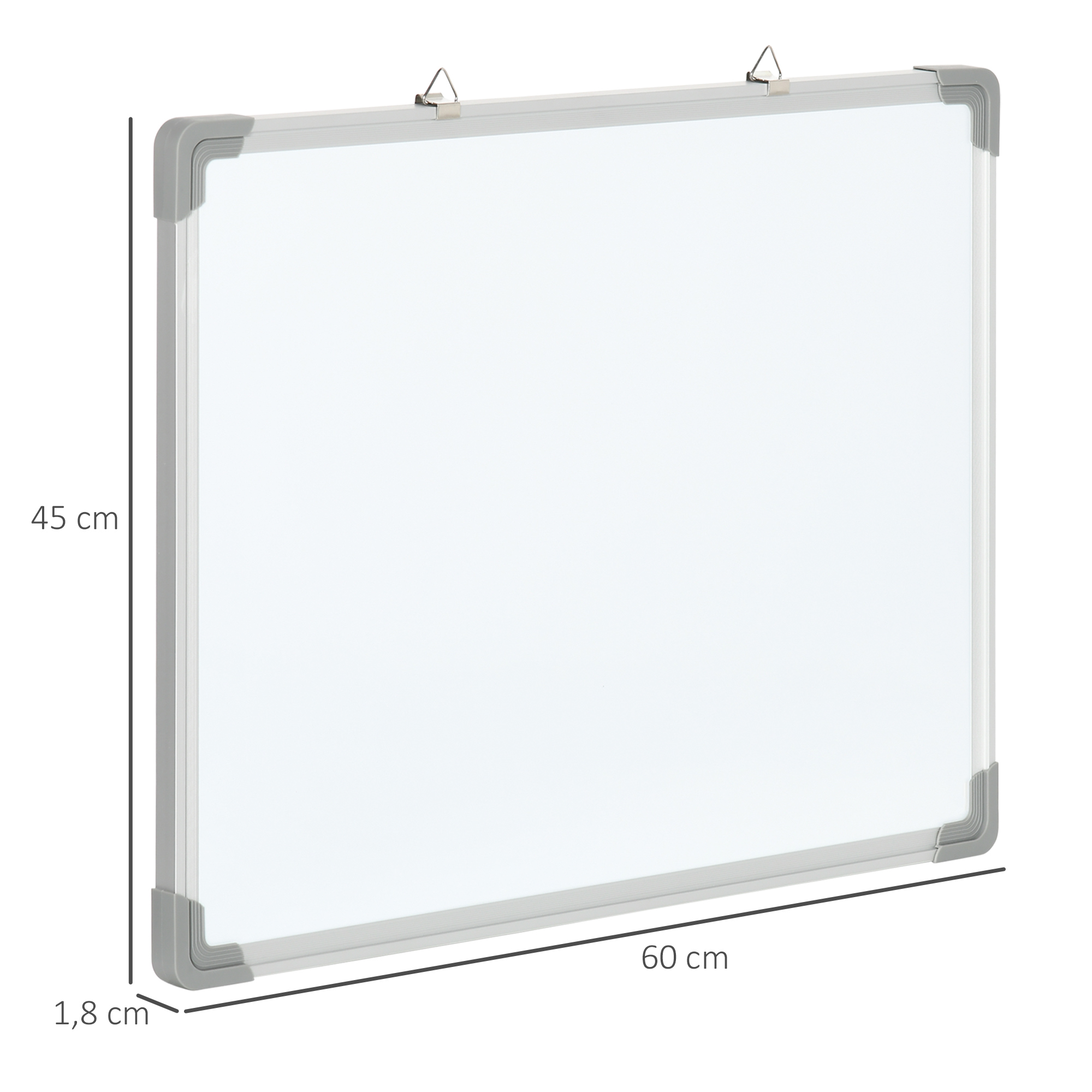 Pizarra, dimensiones mostradas. 45 cm de alto, 60 cm de ancho, 1,8 cm de grosor. Marco gris. Fondo blanco.