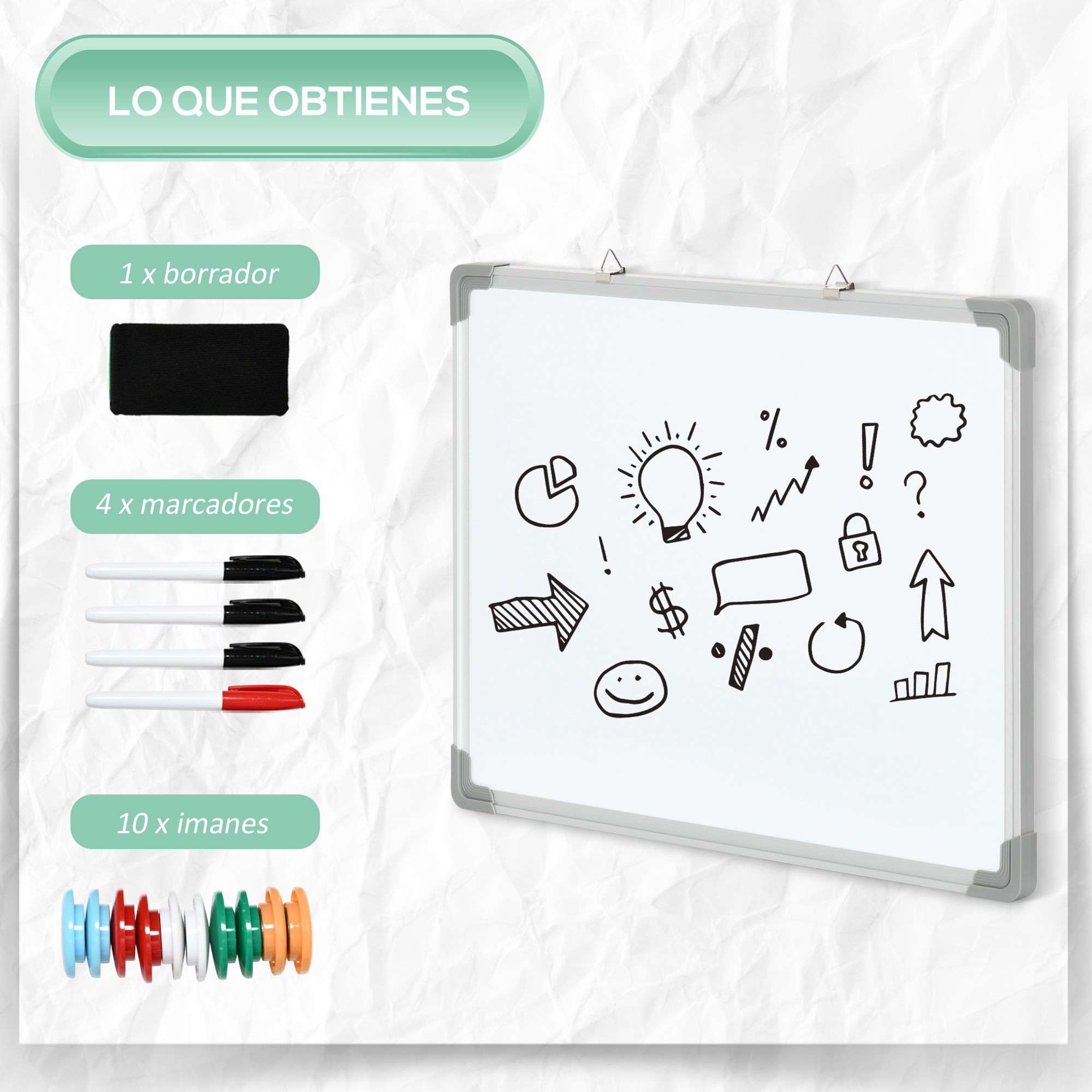 Una pizarra con dibujos y elementos como borrador, rotuladores e imanes, que ilustran lo que obtienes.
