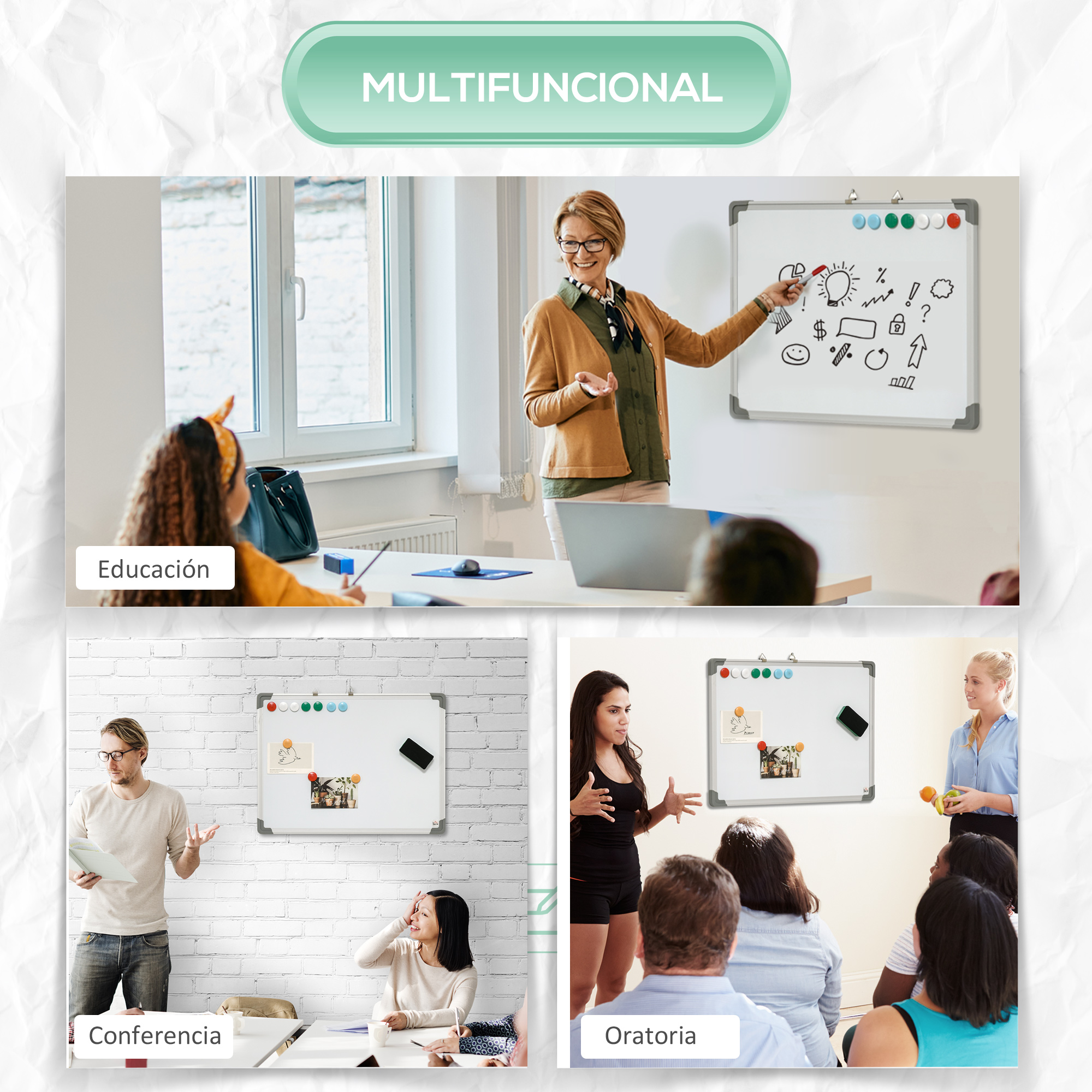 Un conjunto de imágenes que muestran una pizarra en varios escenarios: educación, conferencia y oratoria.