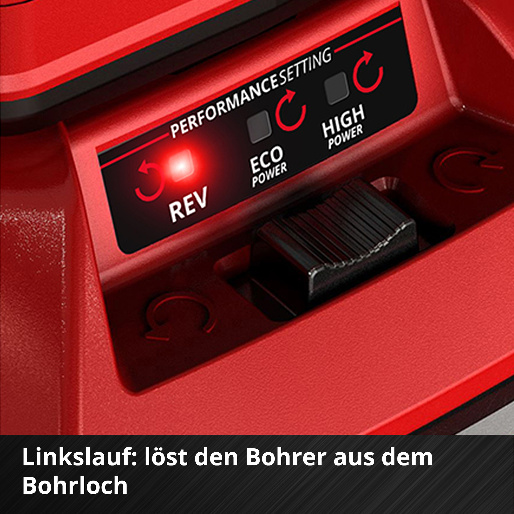 Rotes Werkzeug-Bedienfeld mit Einstellungen für die Leistung: Eco Power und High Power.