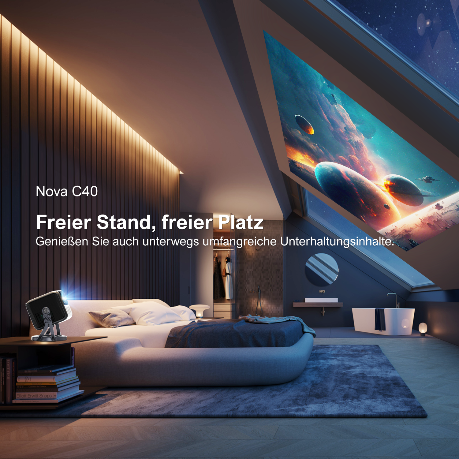 Schlafzimmer, Projektor auf dem Tisch, Sterne an der Decke. Bett, Fenster und Bad.
