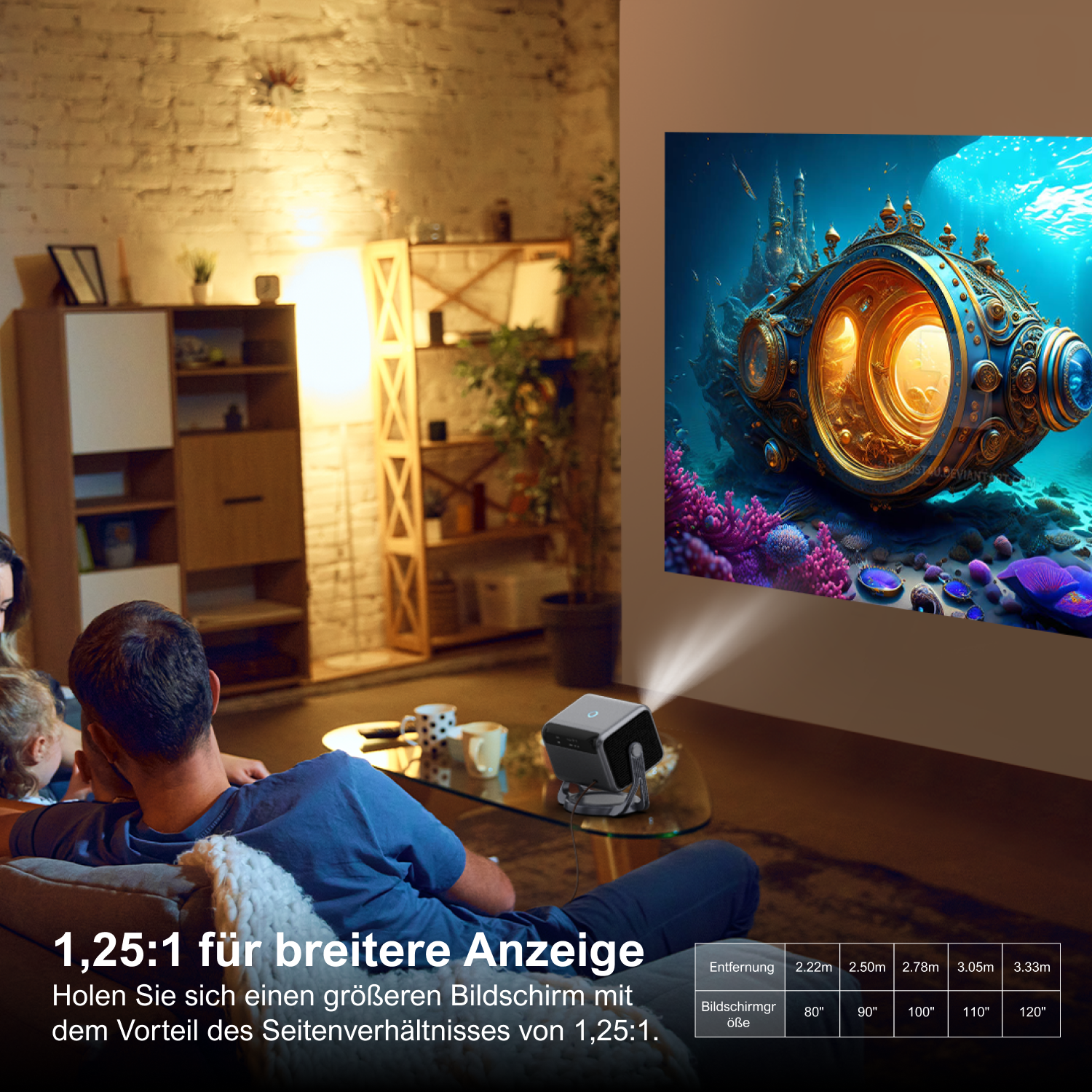 Leute schauen einen Film, der auf eine Wand projiziert wird. Projektor auf dem Tisch und ein Burgbild.