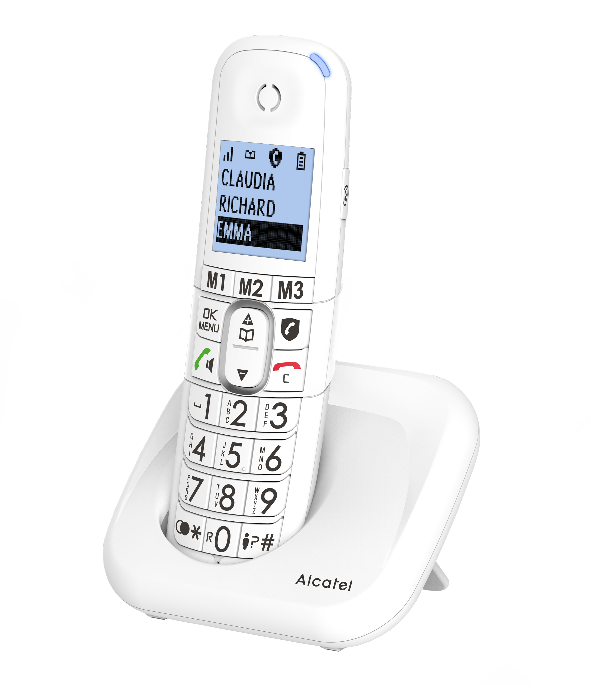 Telefono cordless bianco su base bianca. Lo schermo mostra i contatti. Il logo Alcatel è visibile sulla base.