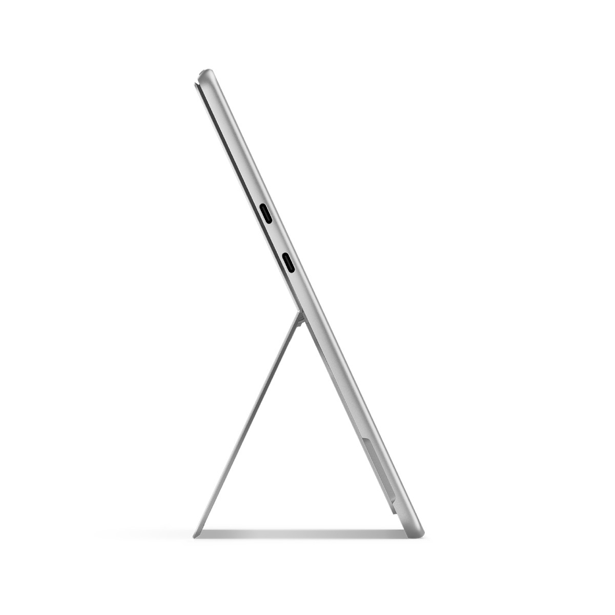 Tablet argento con supporto. Vista laterale, mostra schermo e porte.